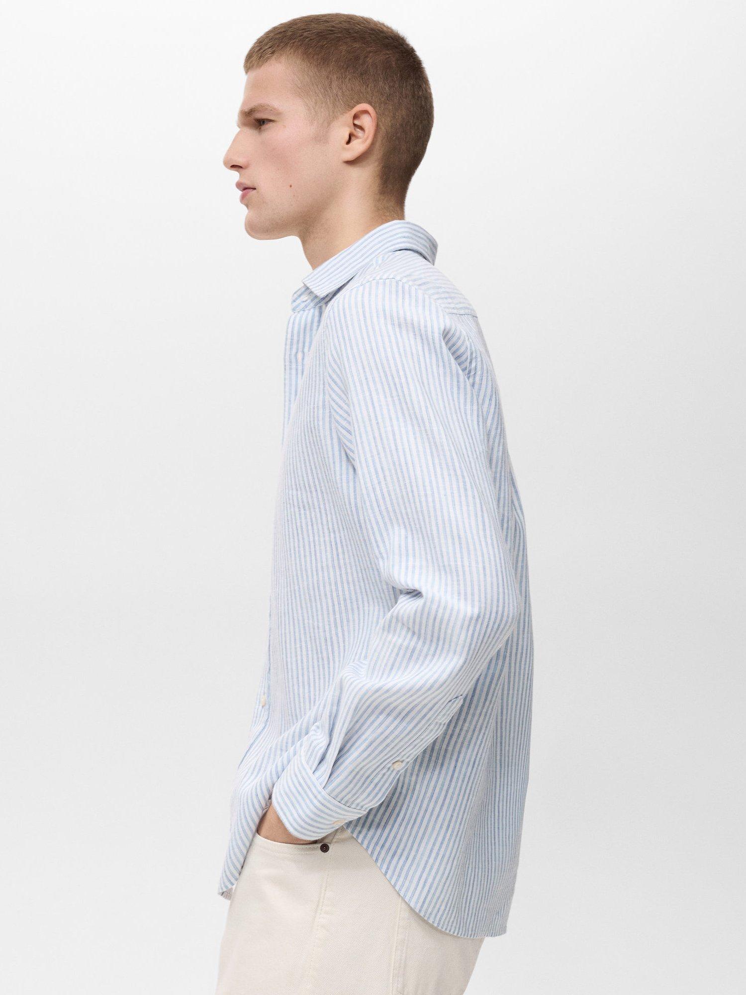 Product image 7 of 8, which shows Mango Emma Stripe Linen Blend Regular Fit Shirt, Pastel Blue, L