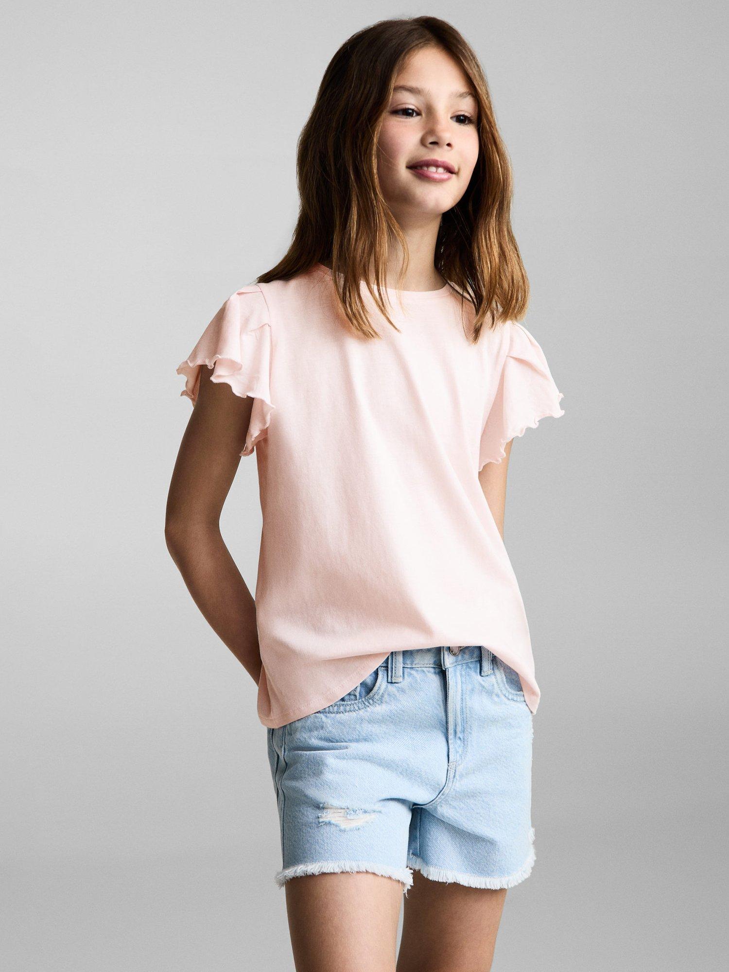 Product image 1 of 7, which shows Mango Kids' Soft Frill T-Shirt, Pink, 11-12 years