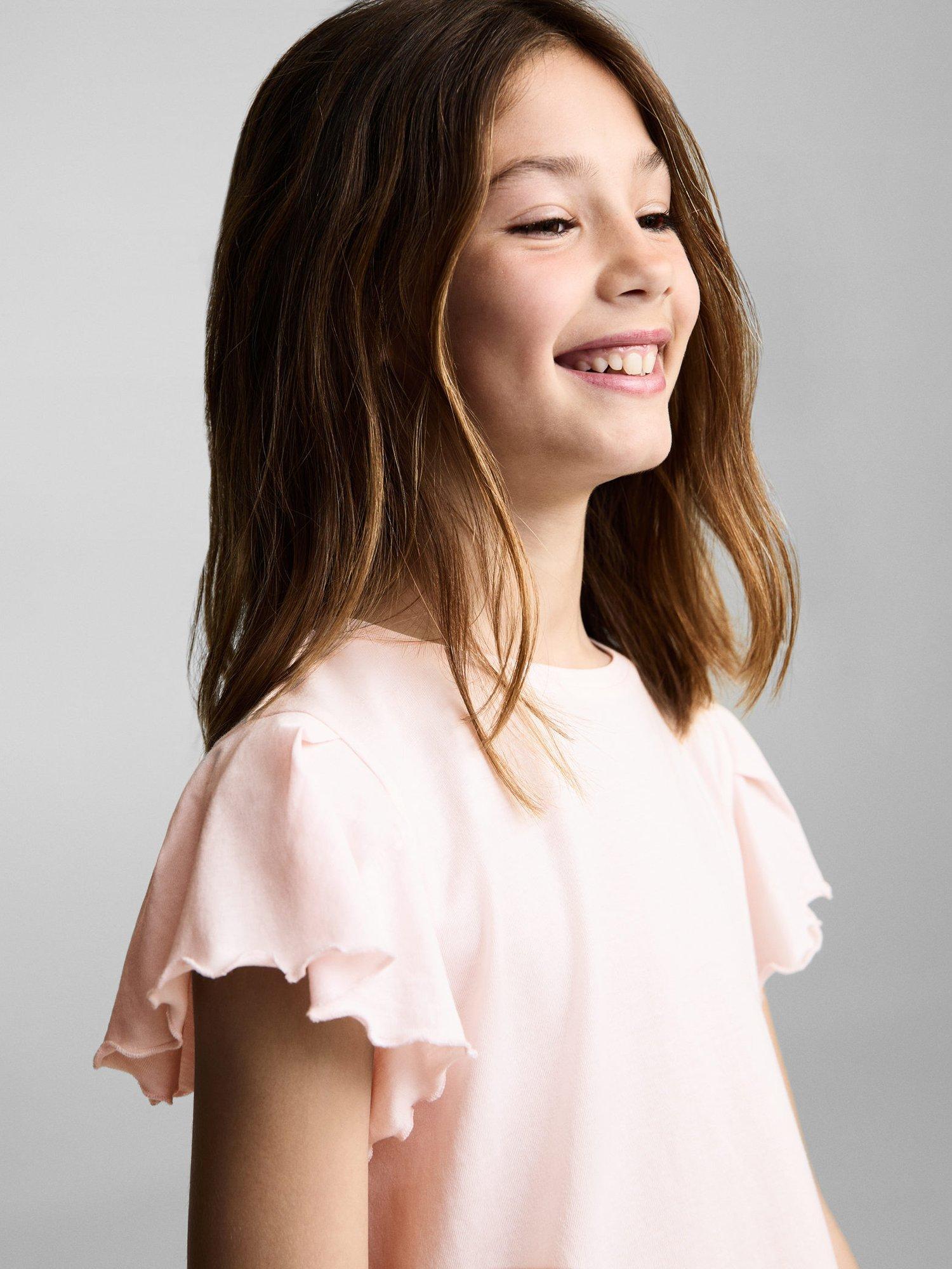 Product image 6 of 7, which shows Mango Kids' Soft Frill T-Shirt, Pink, 11-12 years