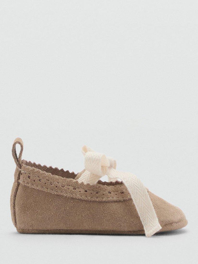 Product image 1 of 4, which shows Mango Kids' Leather Bow Round Toe Shoes, Pastel Brown, 1 Jnr