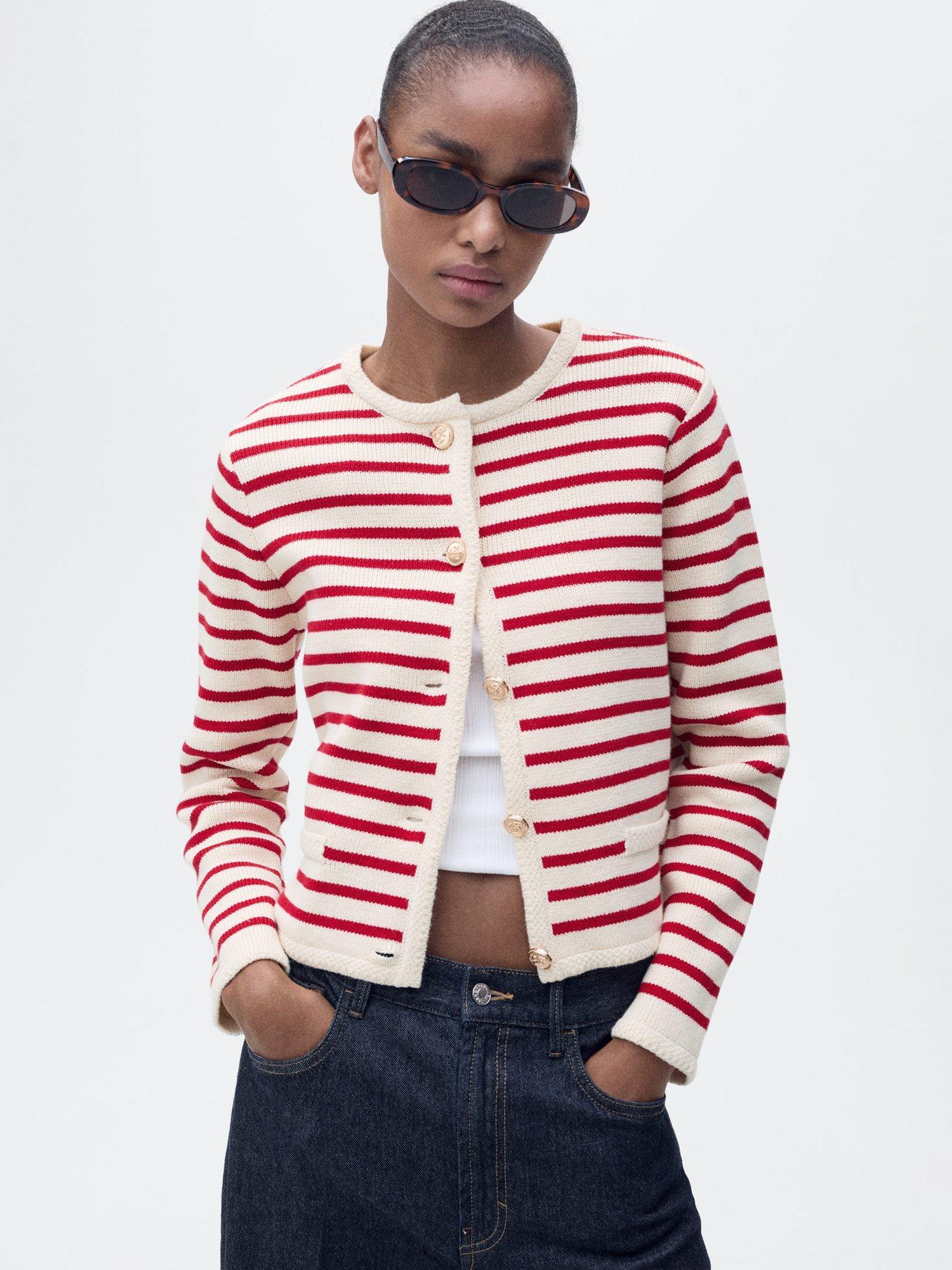 Product image 1 of 9, which shows Mango Eliot Stripe Knit Cardigan, Red, 5XL