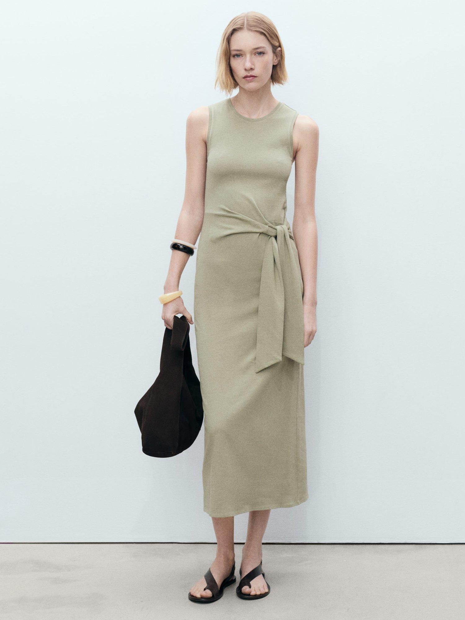 Product image 1 of 8, which shows Mango Ferti Knot Detail Midi Dress, Khaki, 10