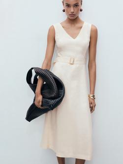 Mango Laura Belted Pure Linen Dress, Light Beige, Light Beige