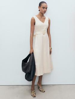 Mango Laura Belted Pure Linen Dress, Light Beige - view 2, Light Beige