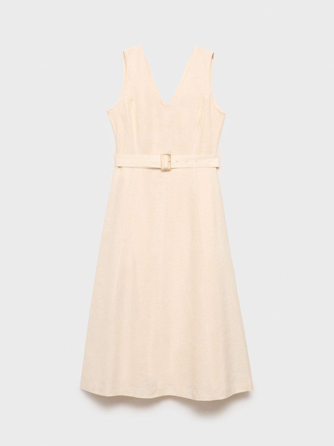 Product image 3 of 9, which shows Mango Laura Belted Pure Linen Dress, Light Beige, 6