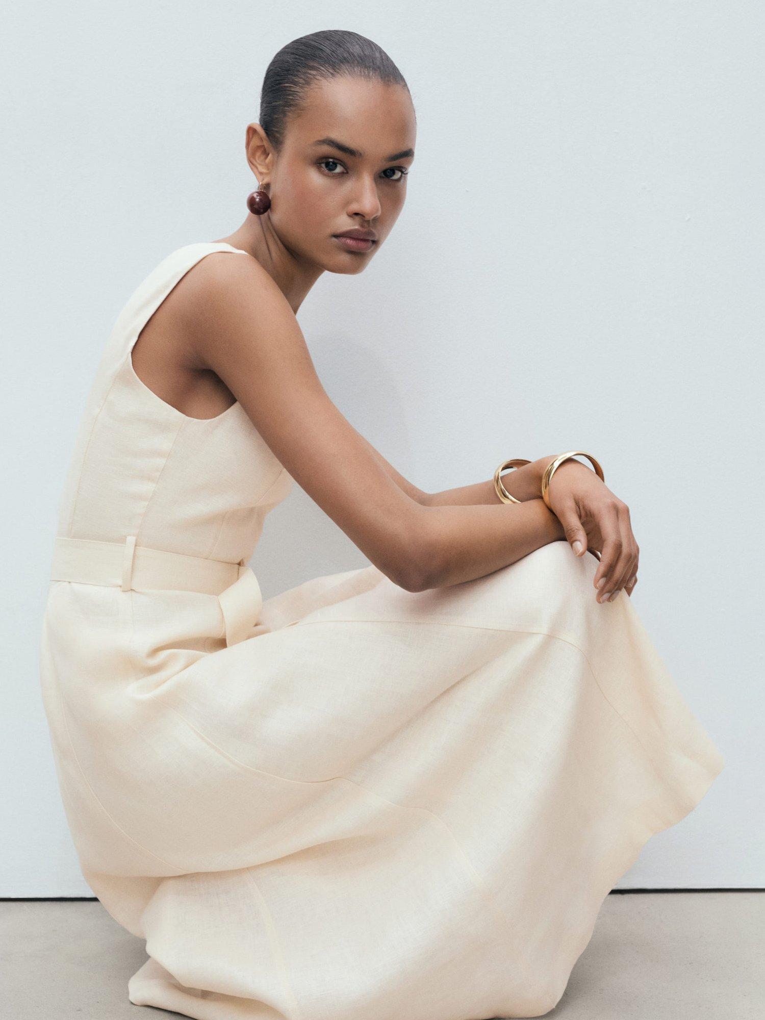 Product image 7 of 9, which shows Mango Laura Belted Pure Linen Dress, Light Beige, 6