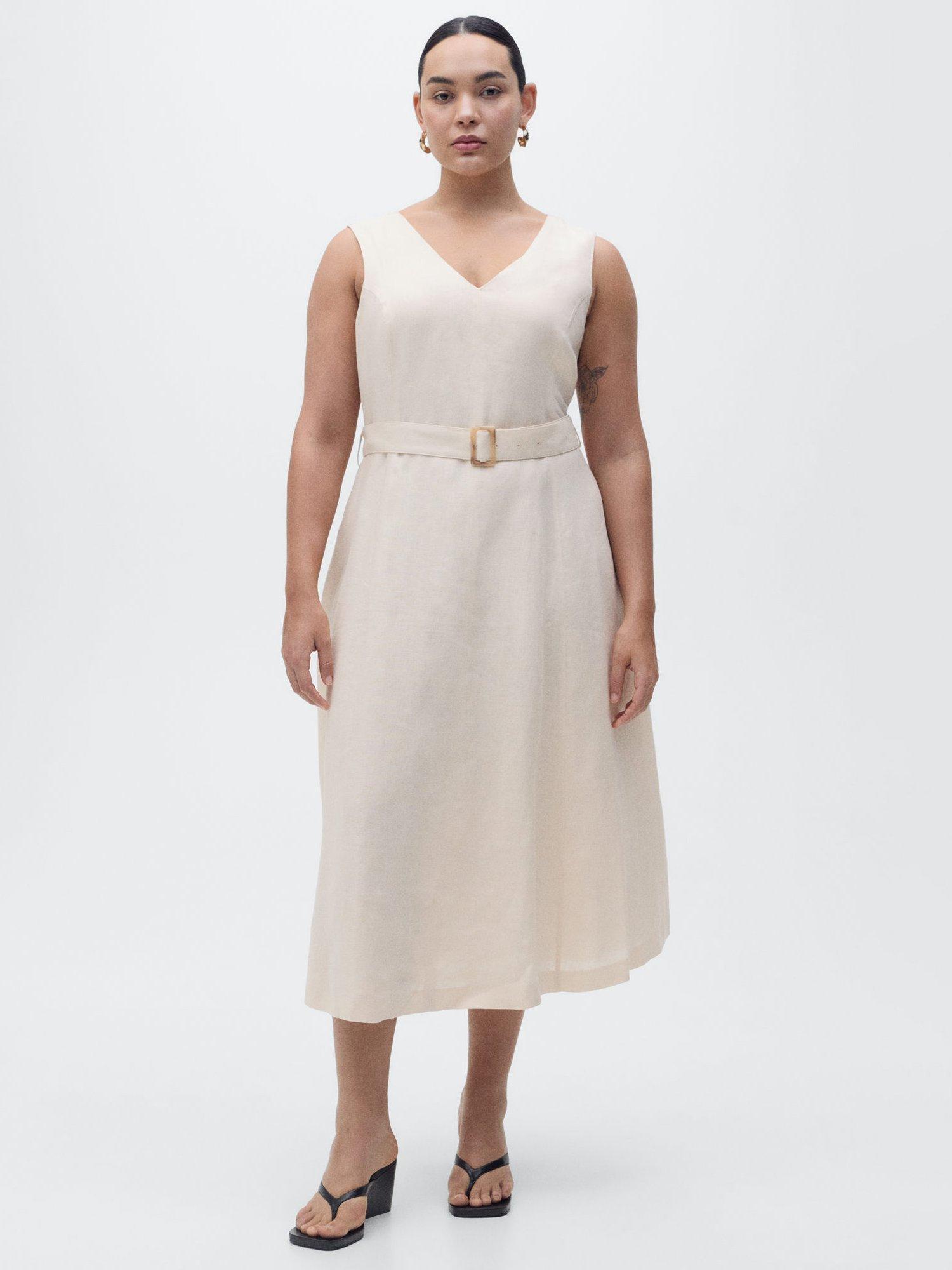 Product image 8 of 9, which shows Mango Laura Belted Pure Linen Dress, Light Beige, 6