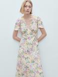 Mango Floral Linen Rich Midi Dress, Light Beige, Light Beige
