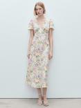 Mango Floral Linen Rich Midi Dress, Light Beige, Light Beige