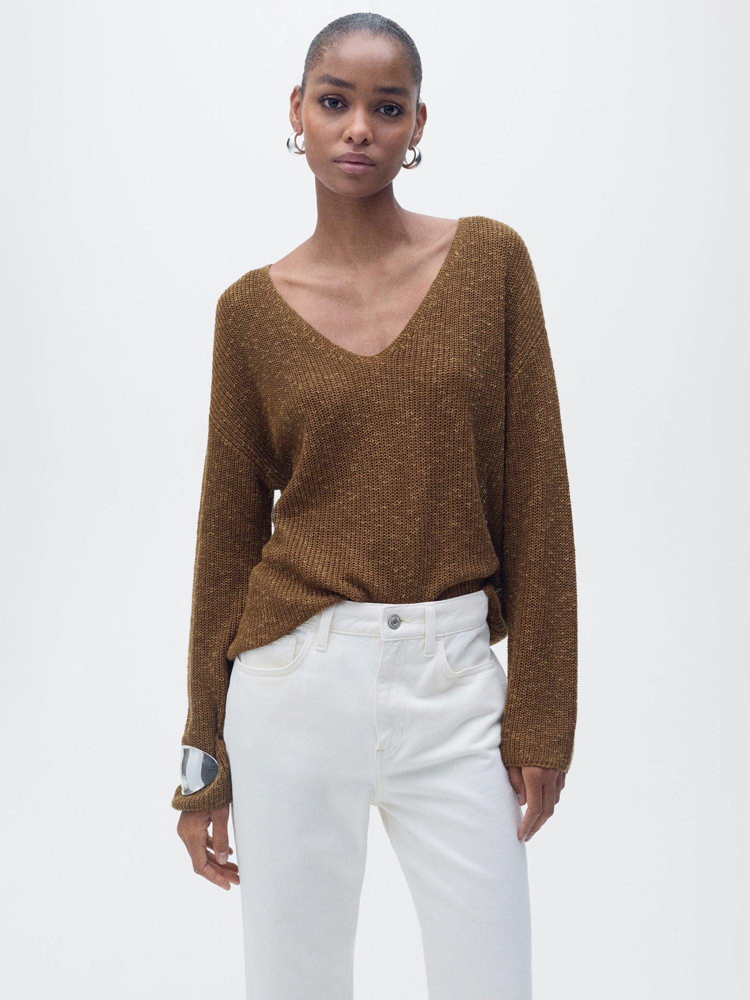 Product image 1 of 8, which shows Mango Jazmin V-Neck Jumper, Medium Brown, XS