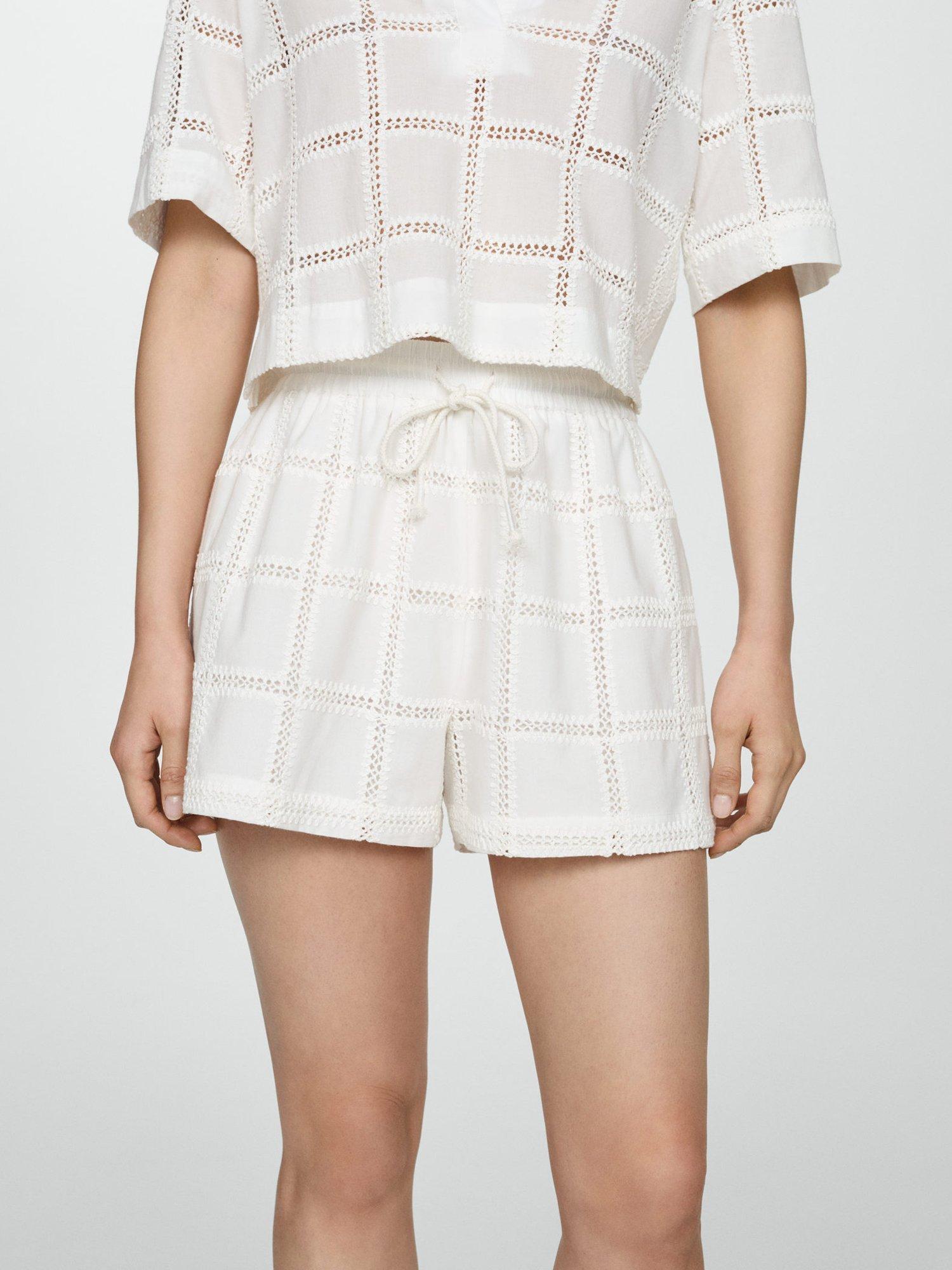 Mango Embroidered Check Lace Shorts, Natural White