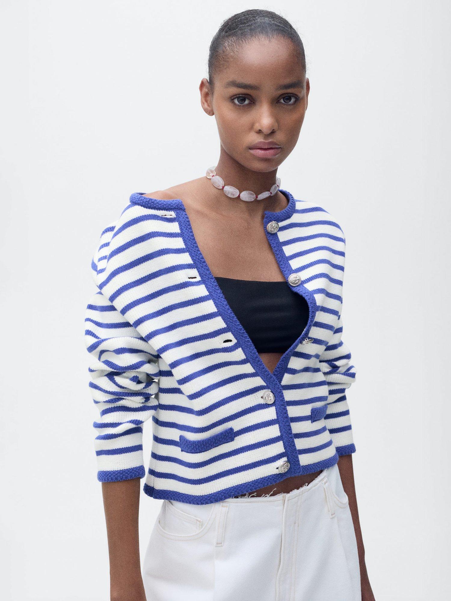 Product image 1 of 7, which shows Mango Eliot Stripe Knit Cardigan, Medium Blue, L