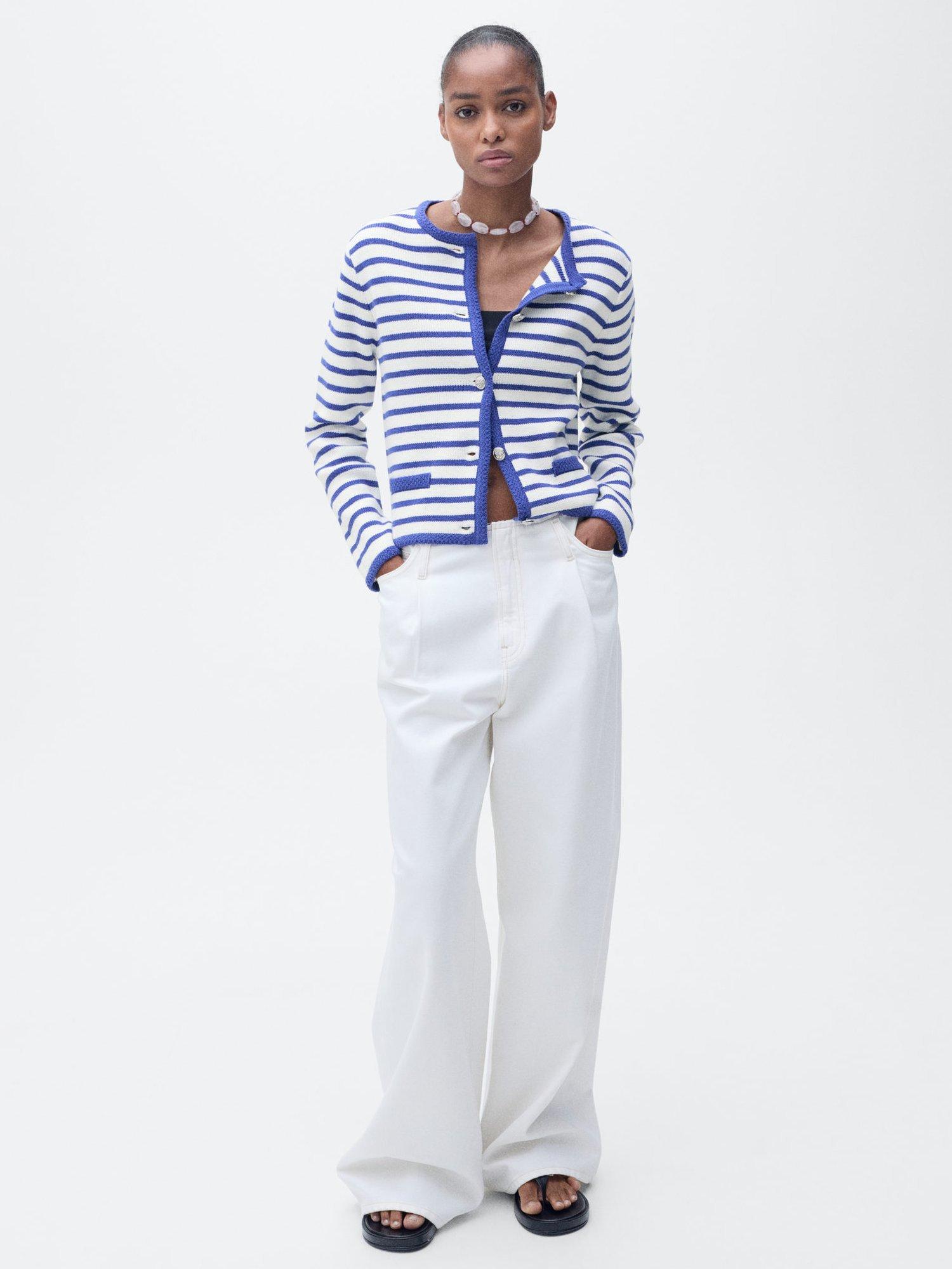 Product image 2 of 7, which shows Mango Eliot Stripe Knit Cardigan, Medium Blue, L