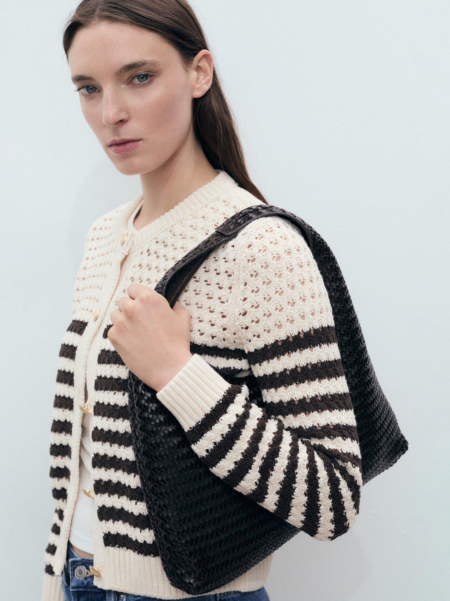 Product image 1 of 8, which shows Mango Oliva Stripe Open Knit Cardigan, Brown/Multi, XS