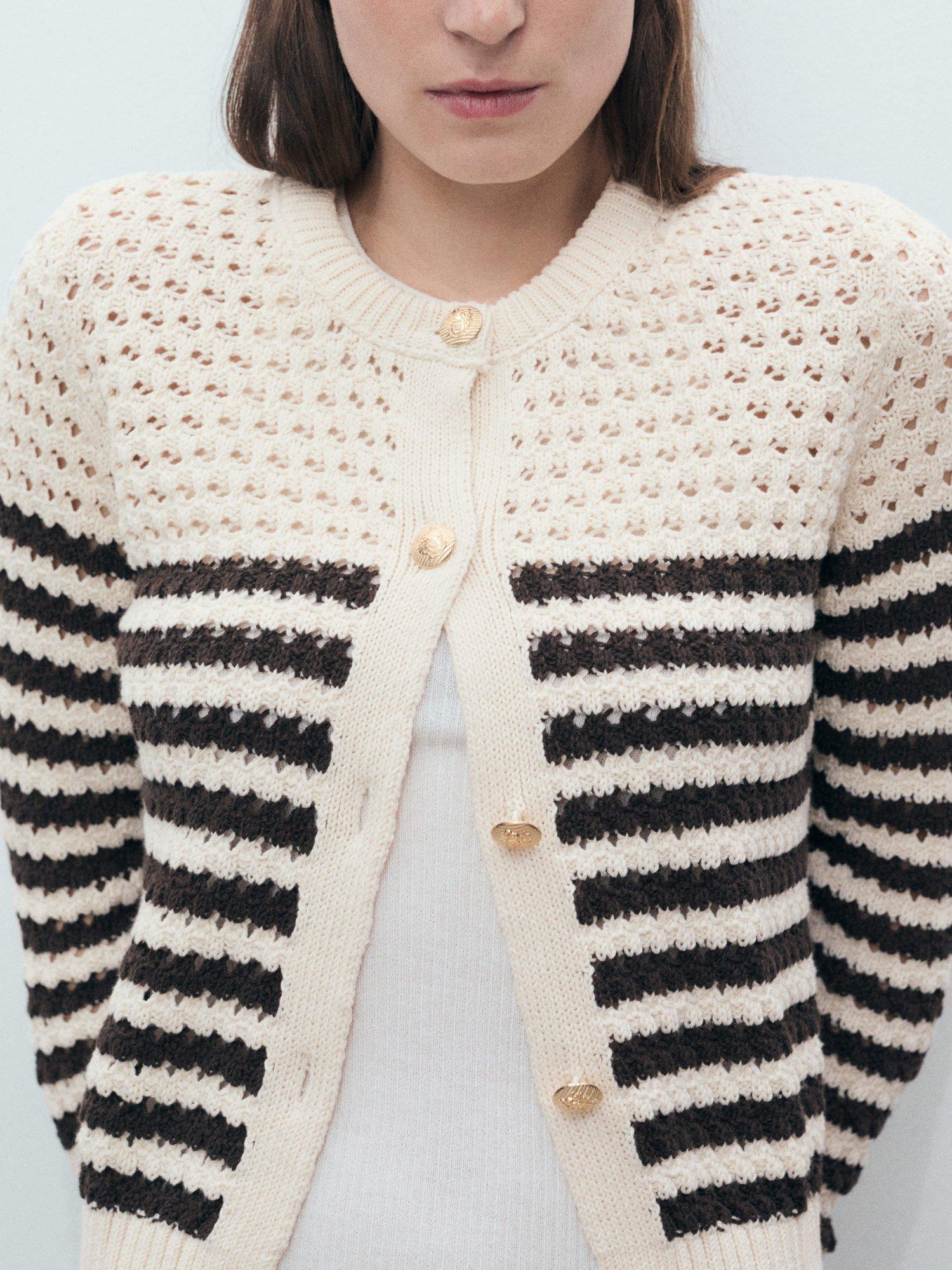 Product image 7 of 8, which shows Mango Oliva Stripe Open Knit Cardigan, Brown/Multi, XS