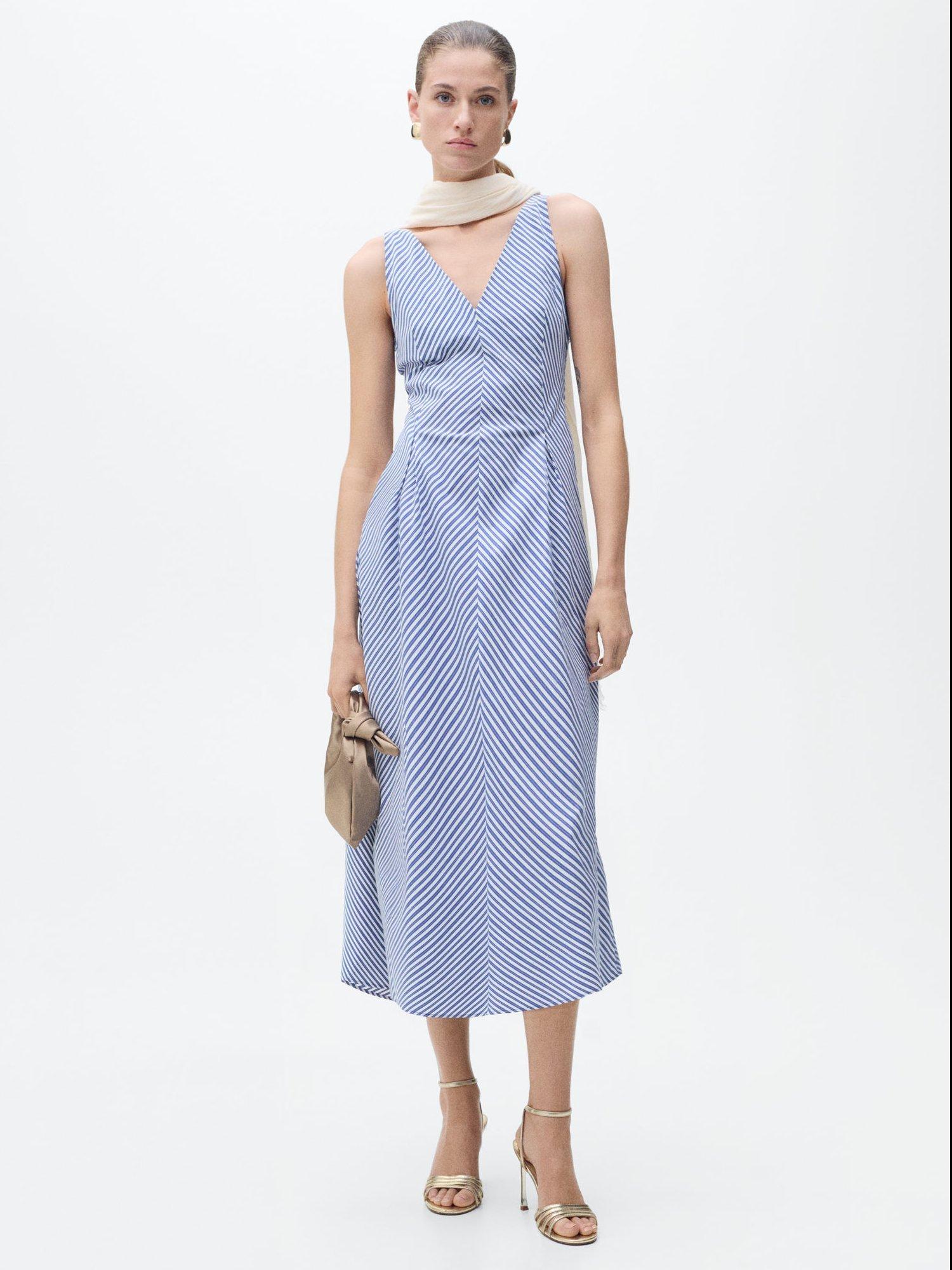 Product image 1 of 7, which shows Mango Prima Stripe Midi Dress, Medium Blue, 10