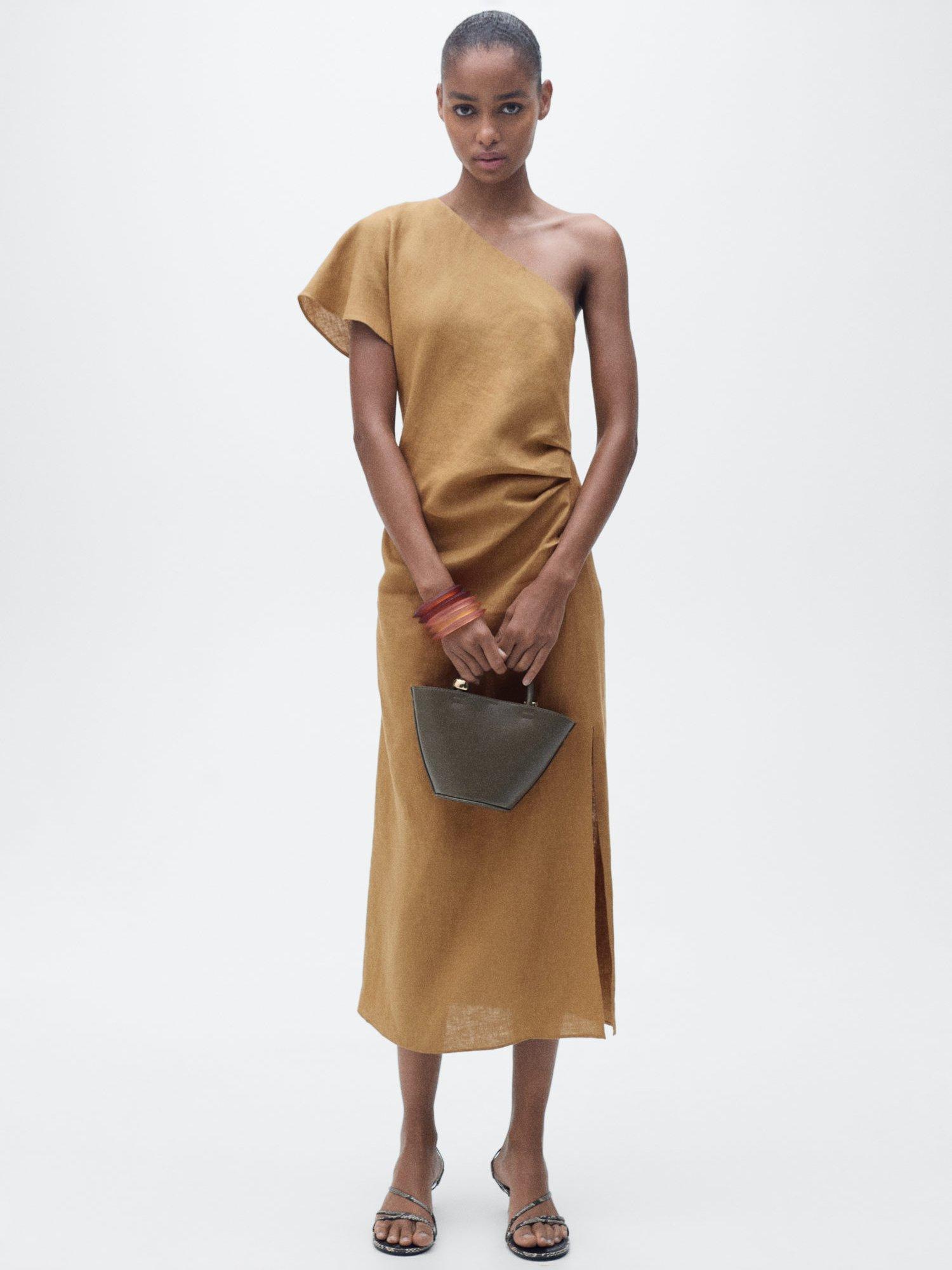 Product image 1 of 8, which shows Mango Rachel Asymmetric Pure Linen Dress, Medium Brown, 10