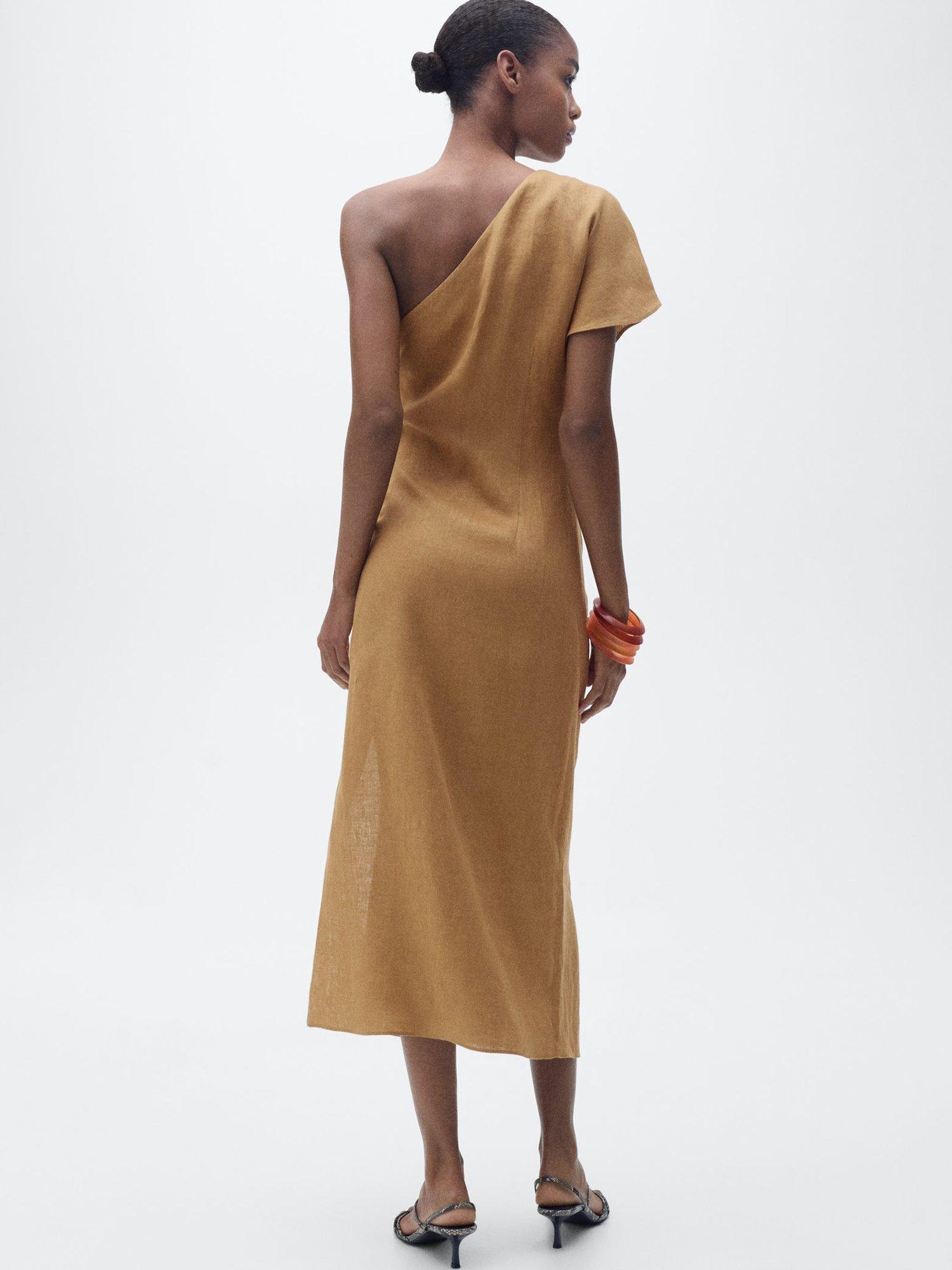 Product image 4 of 8, which shows Mango Rachel Asymmetric Pure Linen Dress, Medium Brown, 10