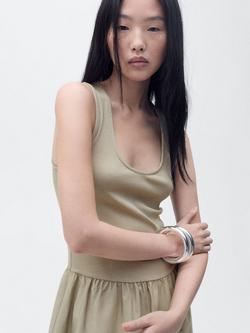 Mango Valvi Scoop Neck Flared Midi Dress, Khaki - view 2, Khaki