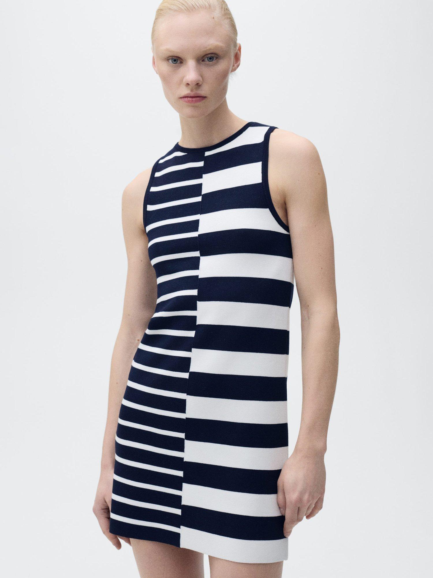Product image 1 of 8, which shows Mango Zunga Bodycon Mini Dress, Navy/White, 10