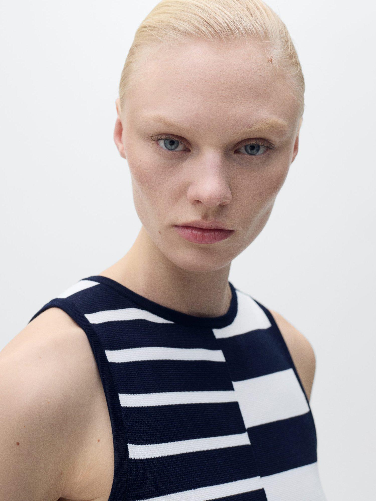 Product image 6 of 8, which shows Mango Zunga Bodycon Mini Dress, Navy/White, 10