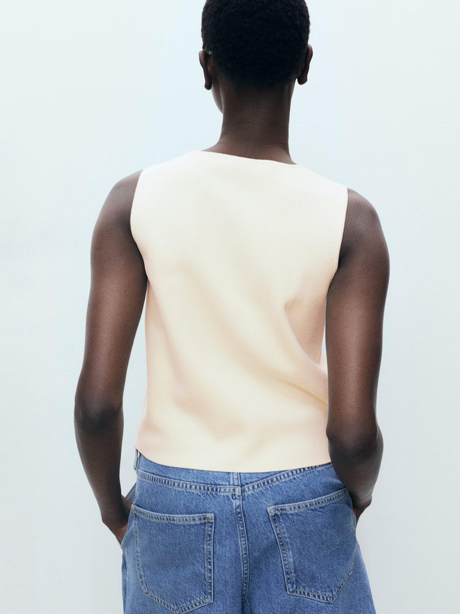 Product image 4 of 8, which shows Mango Pinipon Fine Knit Waistcoat, Light Beige, XS