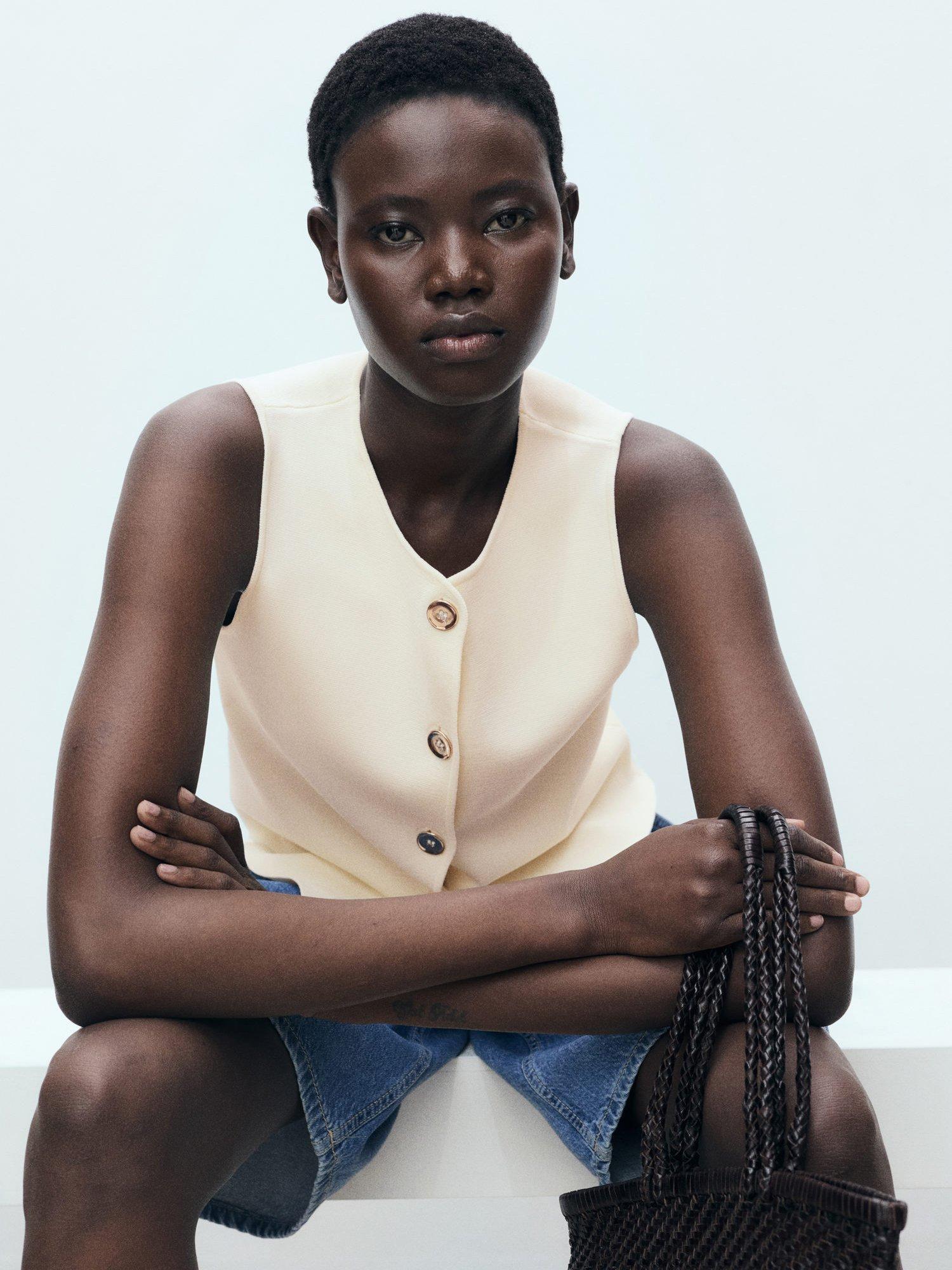 Product image 7 of 8, which shows Mango Pinipon Fine Knit Waistcoat, Light Beige, XS