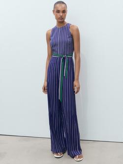Mango Palvin Stripe Belted Jumpsuit, Blue/Multi, Blue/Multi