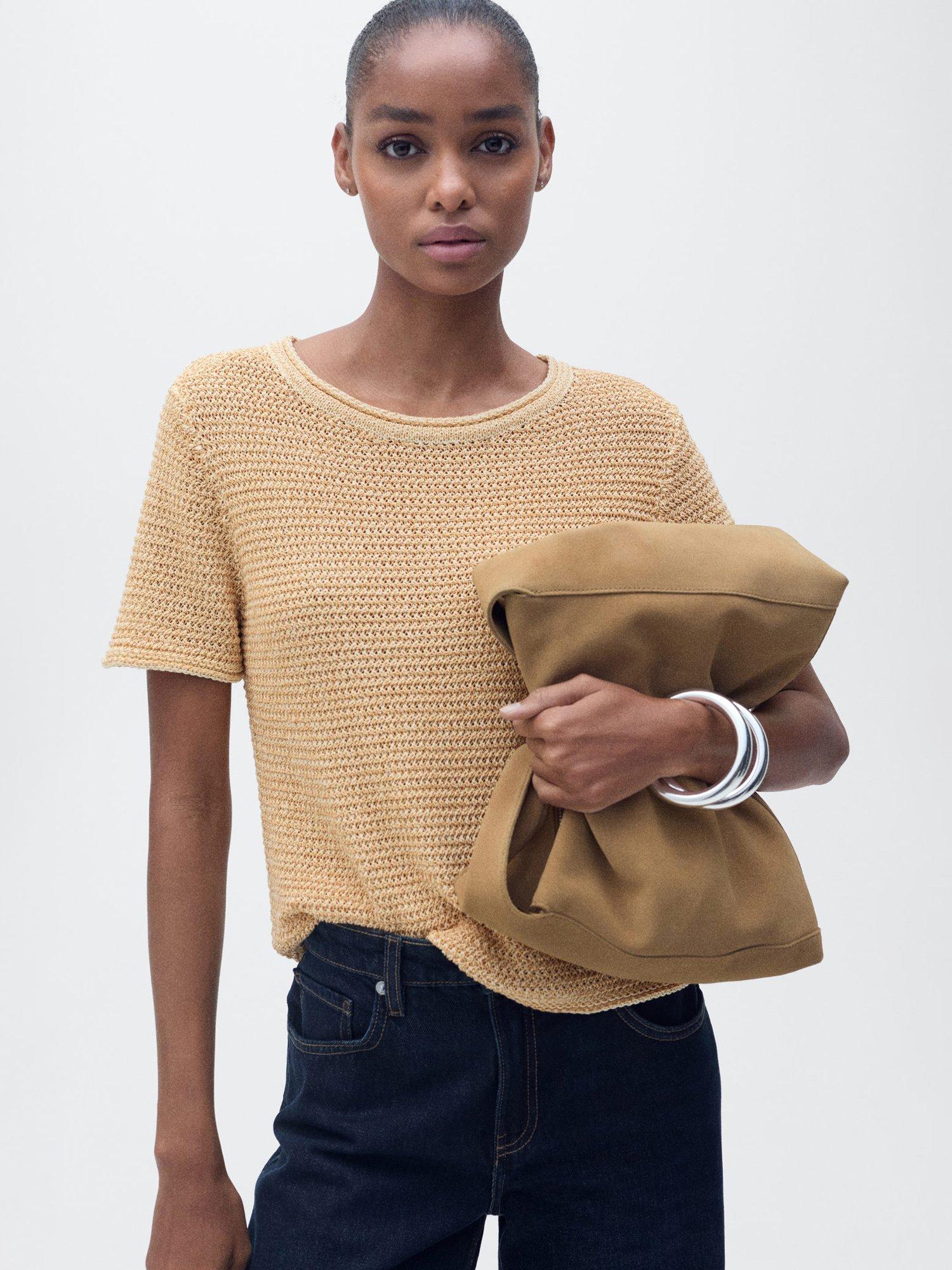 Mango Dorae Knit Short Sleeve Jumper, Medium Brown