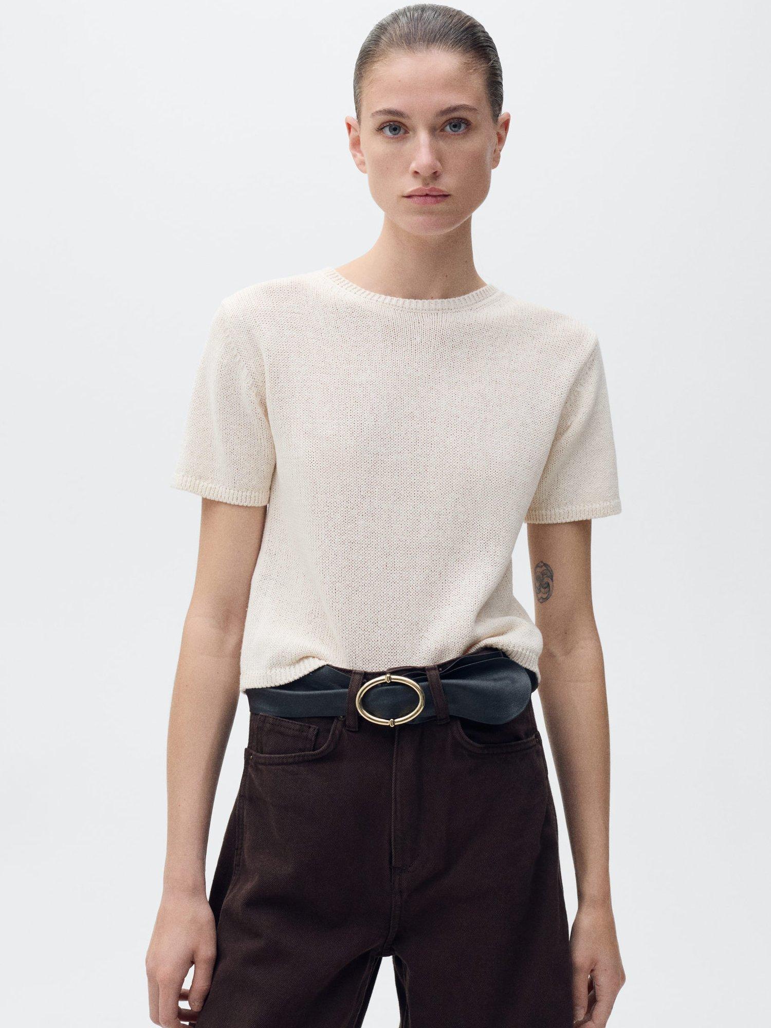 Mango Madeano Thick Knit Short Sleeve Jumper, Beige