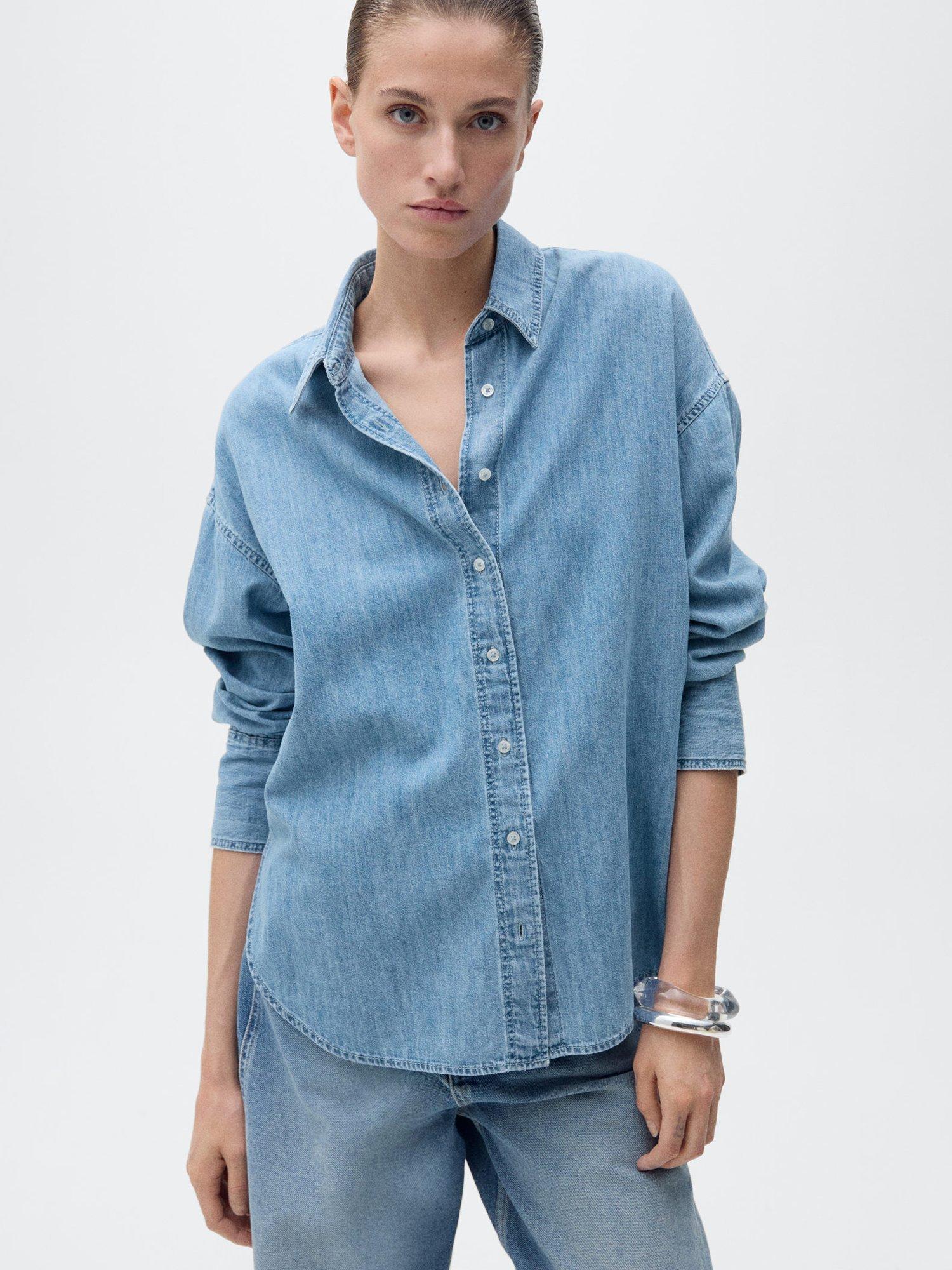 Product image 1 of 7, which shows Mango Cahuita Oversized Denim Shirt, Mid Blue, 10