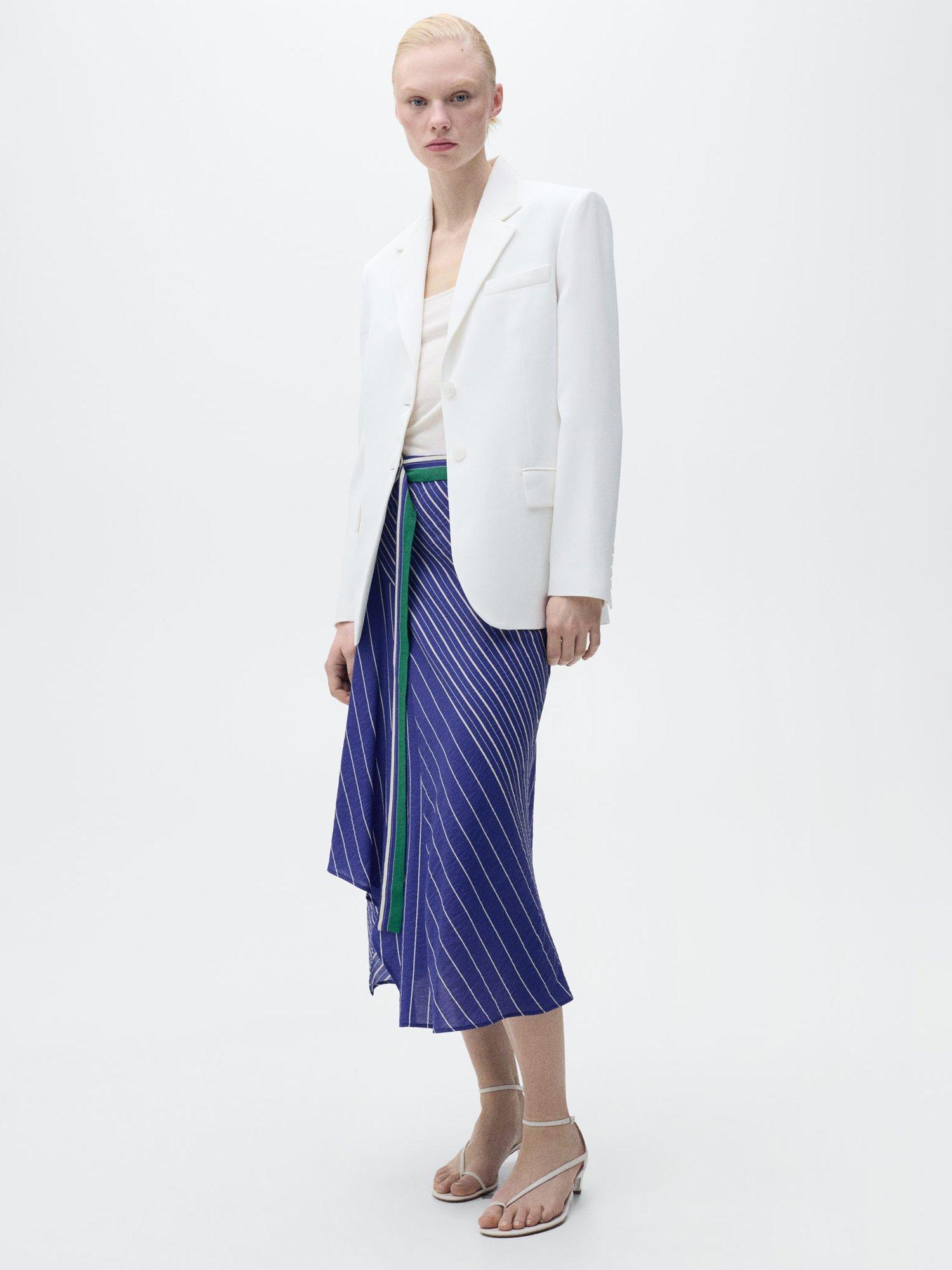 Product image 1 of 7, which shows Mango Lazuli Stripe Asymmetric Skirt, Medium Blue, 10