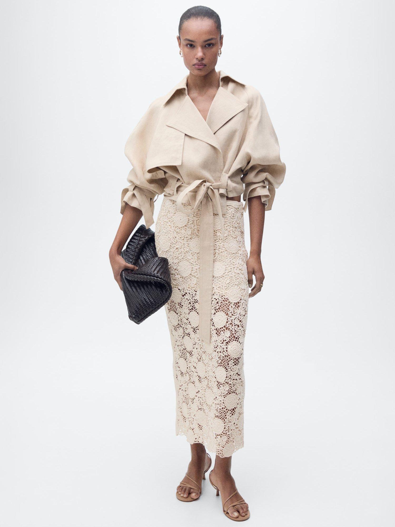 Product image 1 of 8, which shows Mango Setenta Crochet Midi Skirt, Beige, L