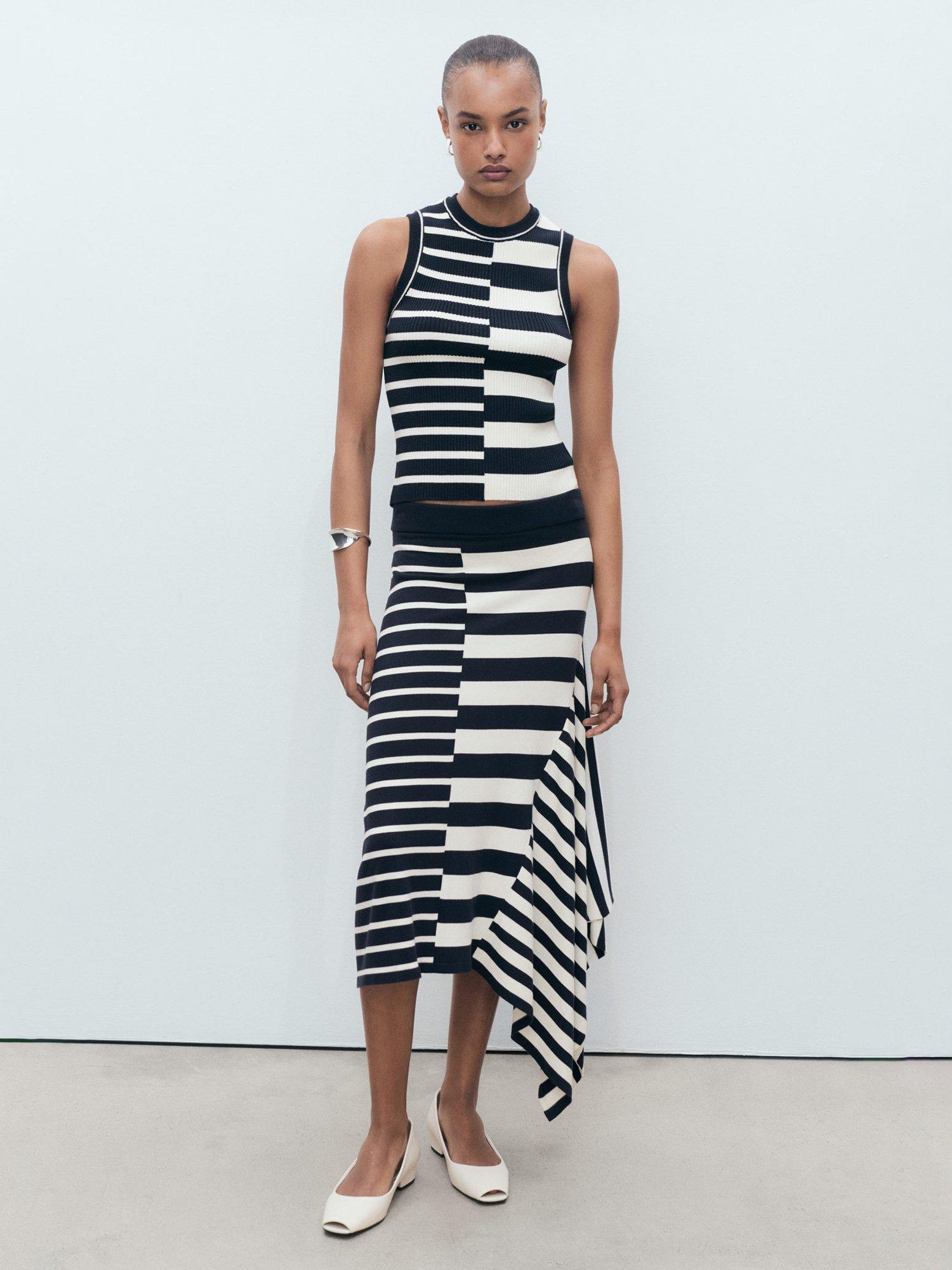 Product image 1 of 8, which shows Mango Zunga Stripe Asymmetric Skirt, Navy/White, L