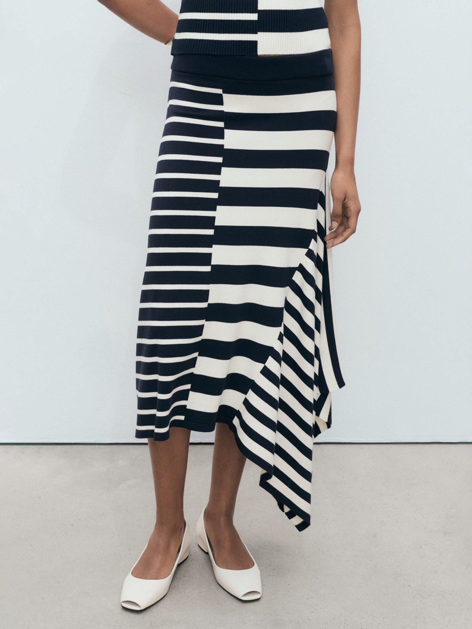Product image 2 of 8, which shows Mango Zunga Stripe Asymmetric Skirt, Navy/White, L