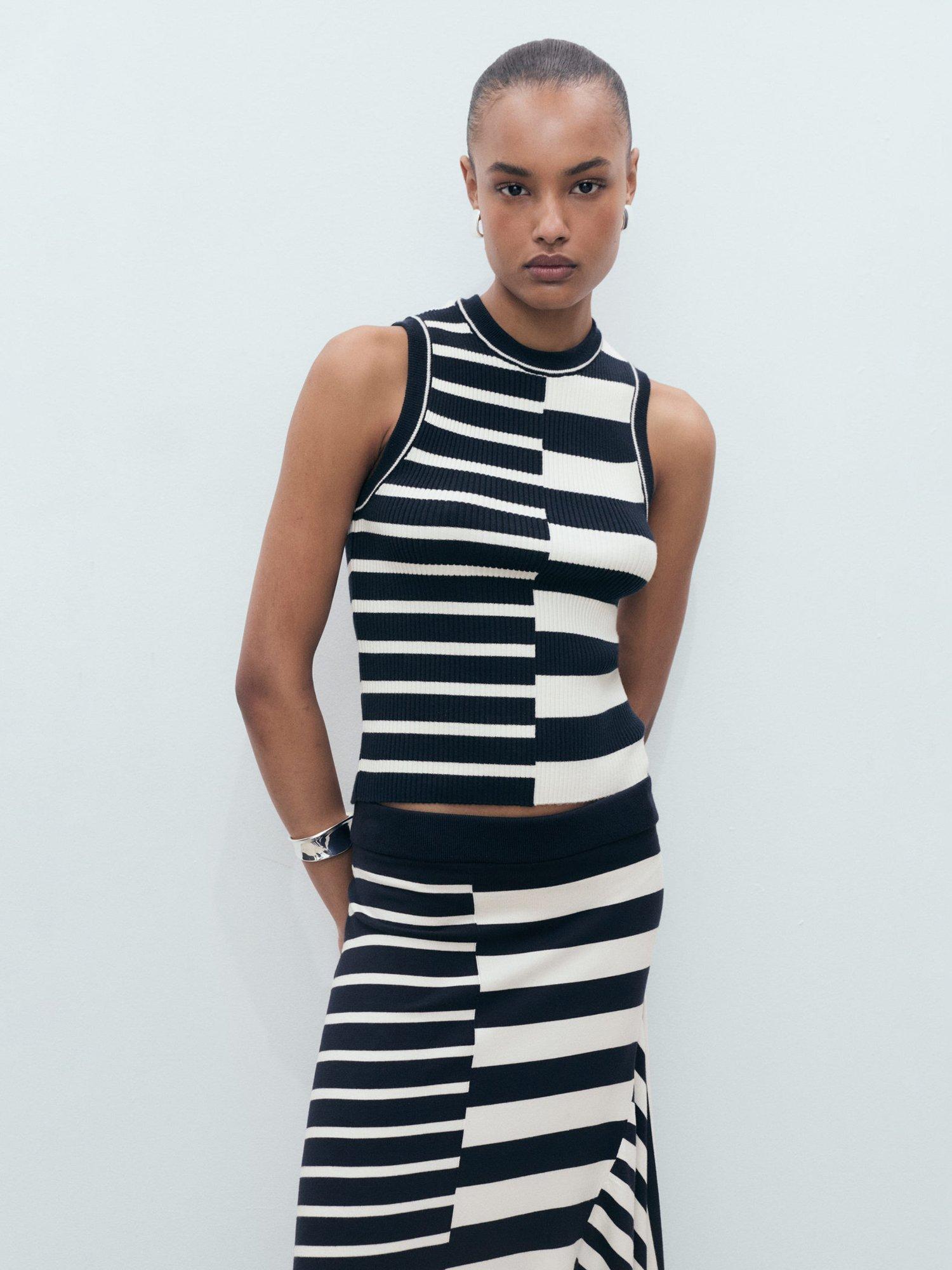 Product image 6 of 8, which shows Mango Zunga Stripe Asymmetric Skirt, Navy/White, L