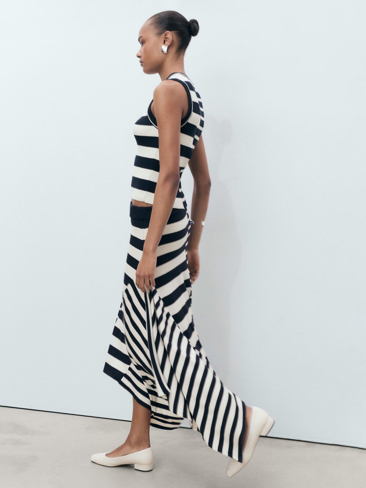 Product image 7 of 8, which shows Mango Zunga Stripe Asymmetric Skirt, Navy/White, L