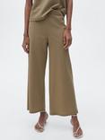 Mango Catleen Cotton Blend Wide Leg Cropped Trousers, Khaki