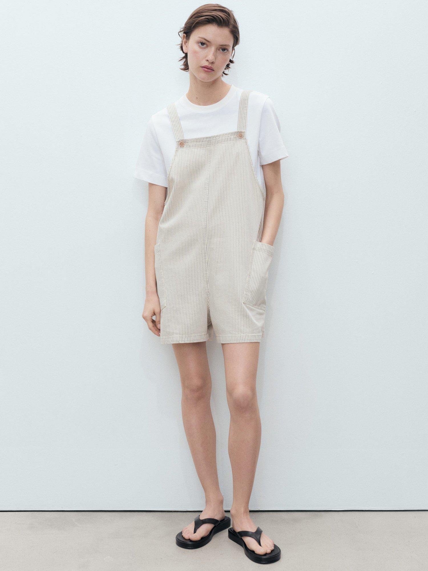 Product image 2 of 7, which shows Mango Laurie Stripe Dungarees, Light Beige, L