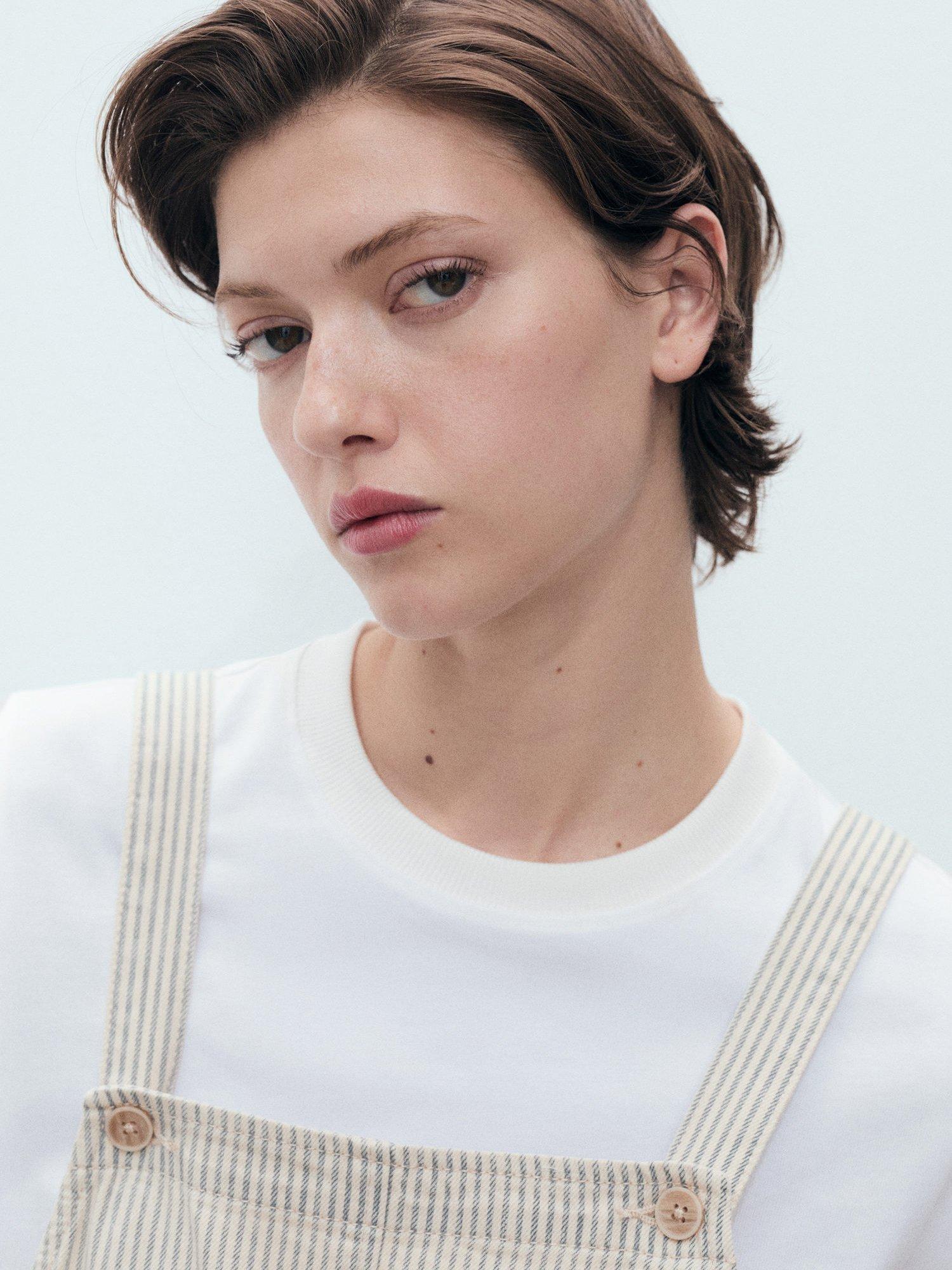 Product image 6 of 7, which shows Mango Laurie Stripe Dungarees, Light Beige, L