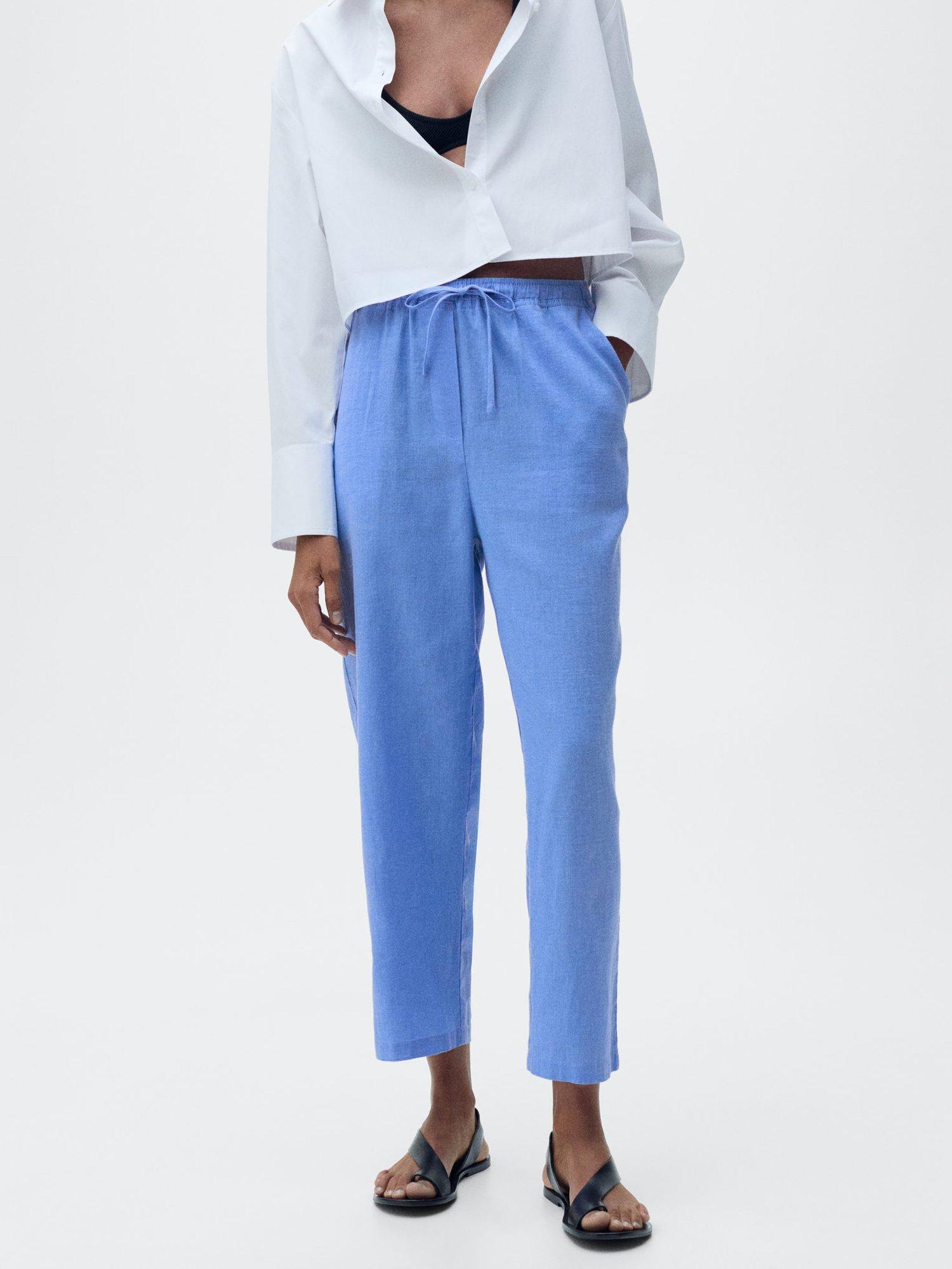 Product image 1 of 8, which shows Mango Tie Waist Linen Rich Trousers, Medium Blue, XS