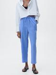 Mango Tie Waist Linen Rich Trousers, Medium Blue