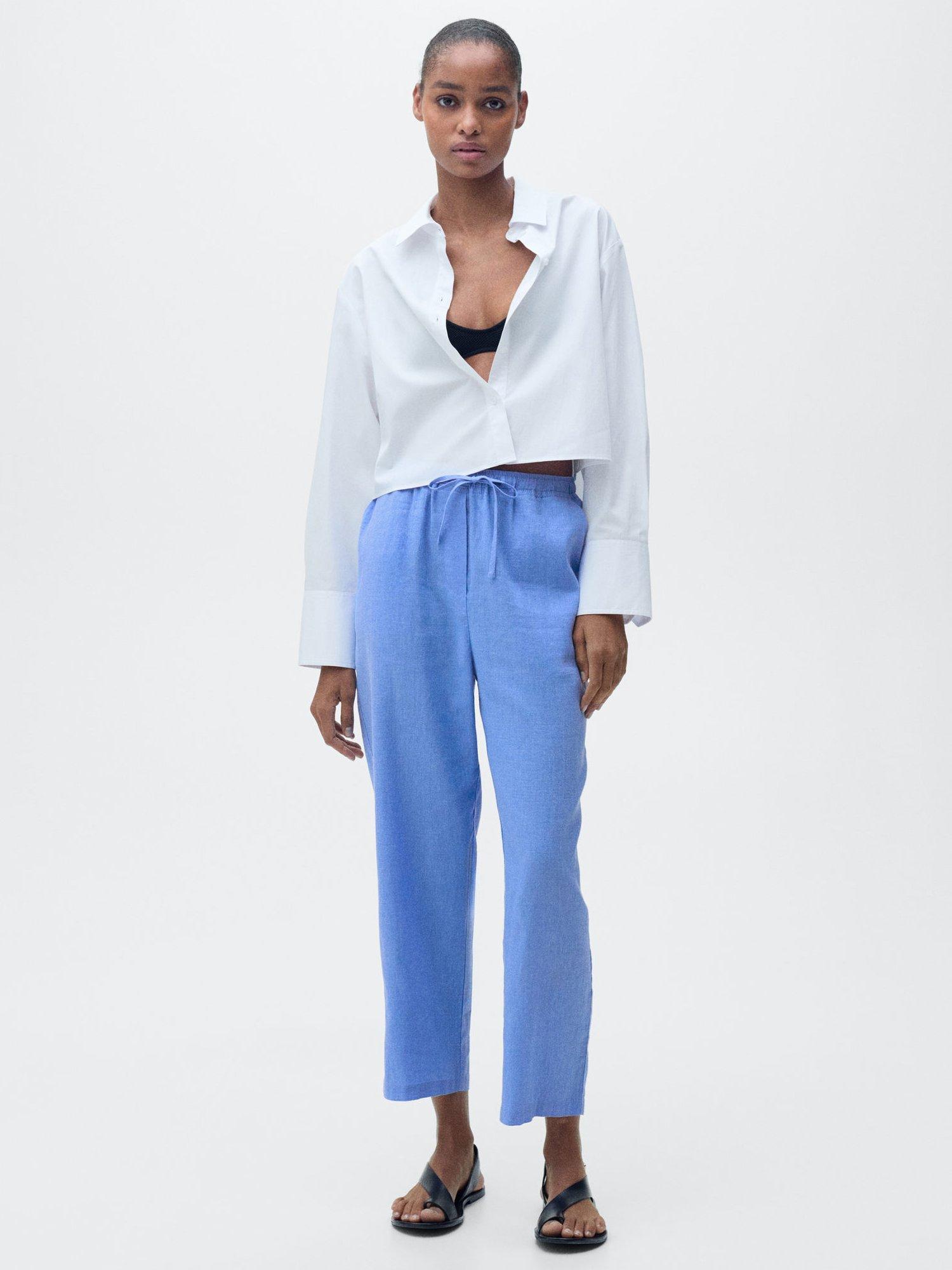 Product image 2 of 8, which shows Mango Tie Waist Linen Rich Trousers, Medium Blue, XS