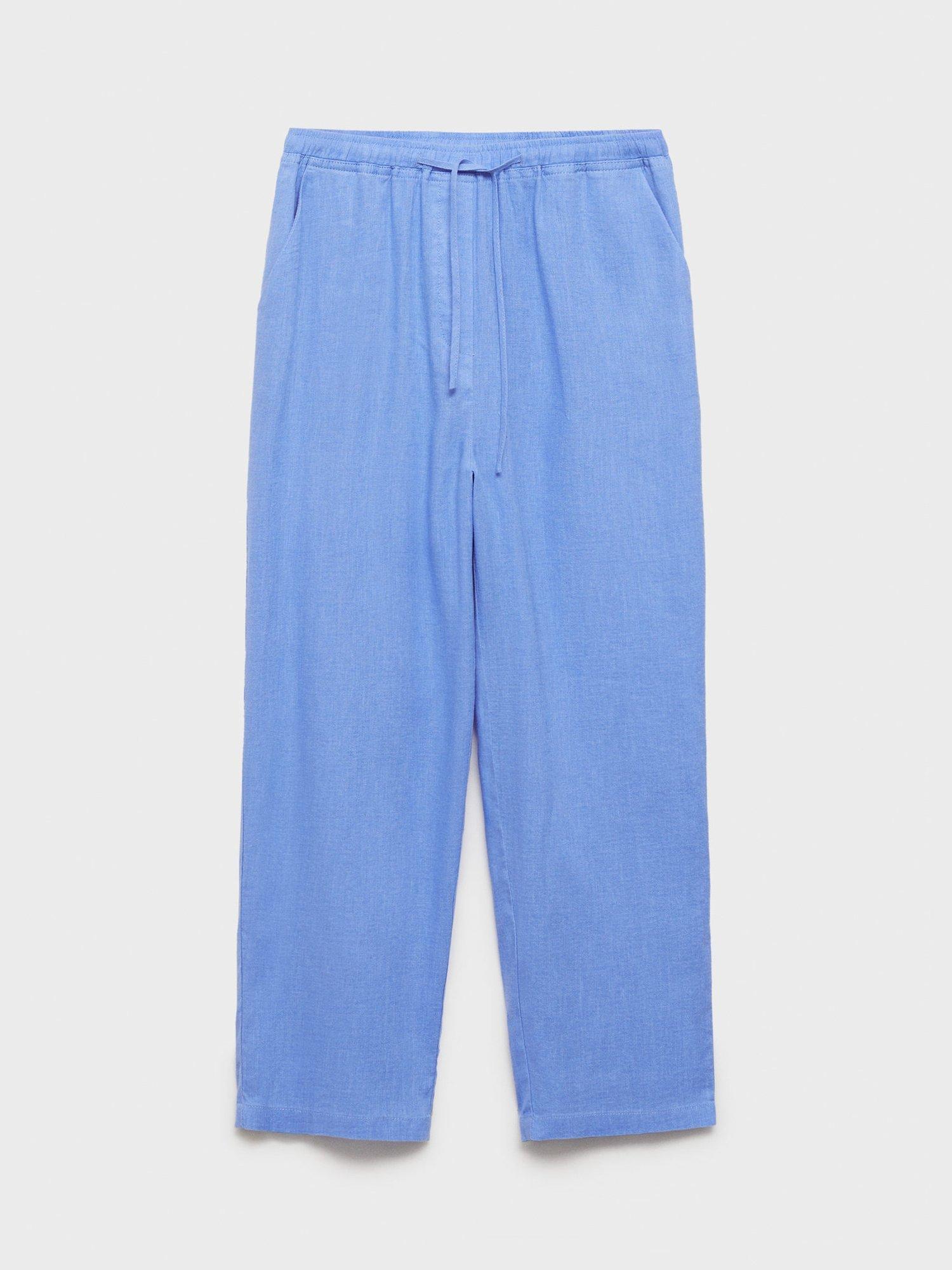Product image 3 of 8, which shows Mango Tie Waist Linen Rich Trousers, Medium Blue, XS