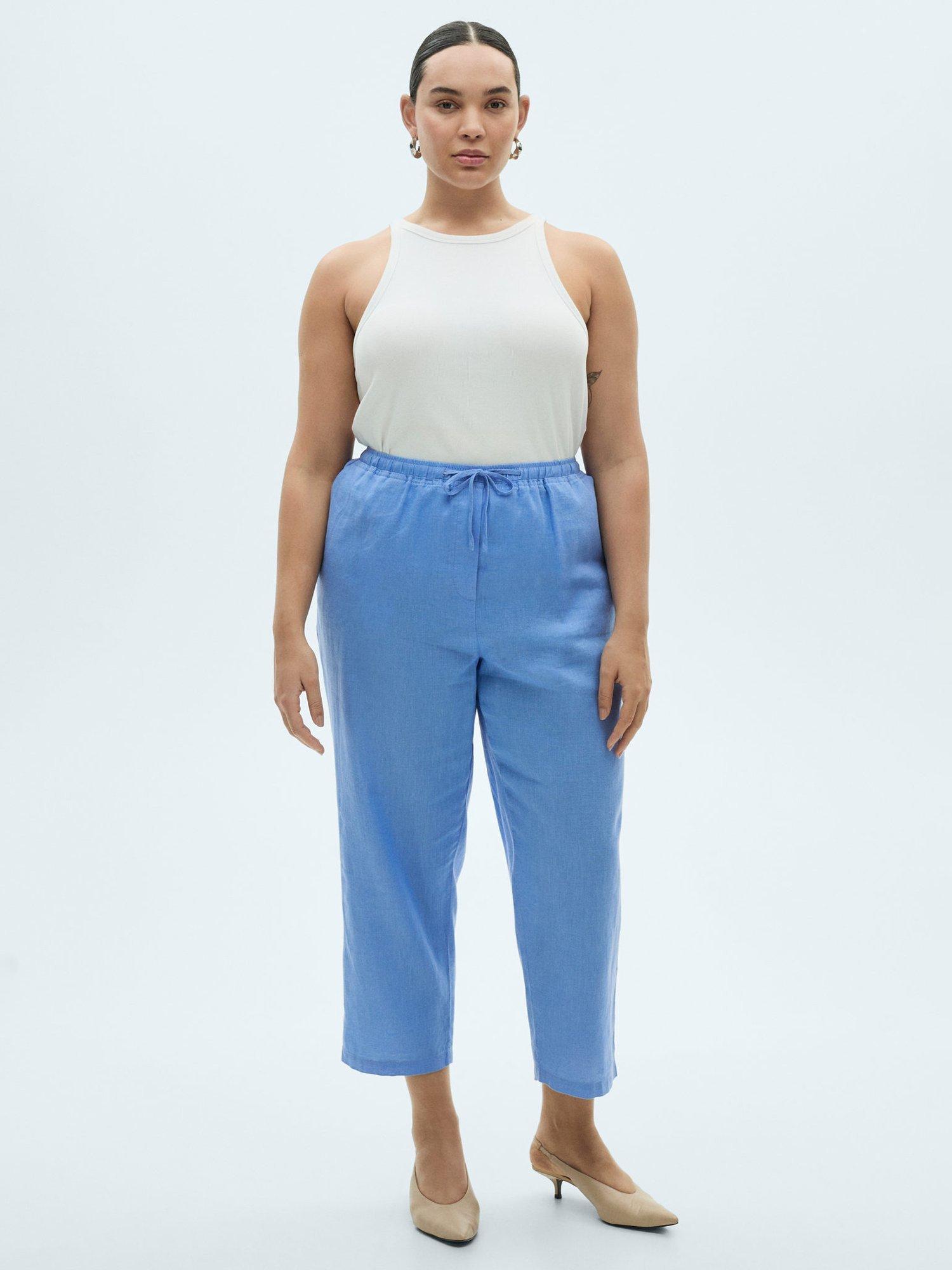 Product image 7 of 8, which shows Mango Tie Waist Linen Rich Trousers, Medium Blue, XS