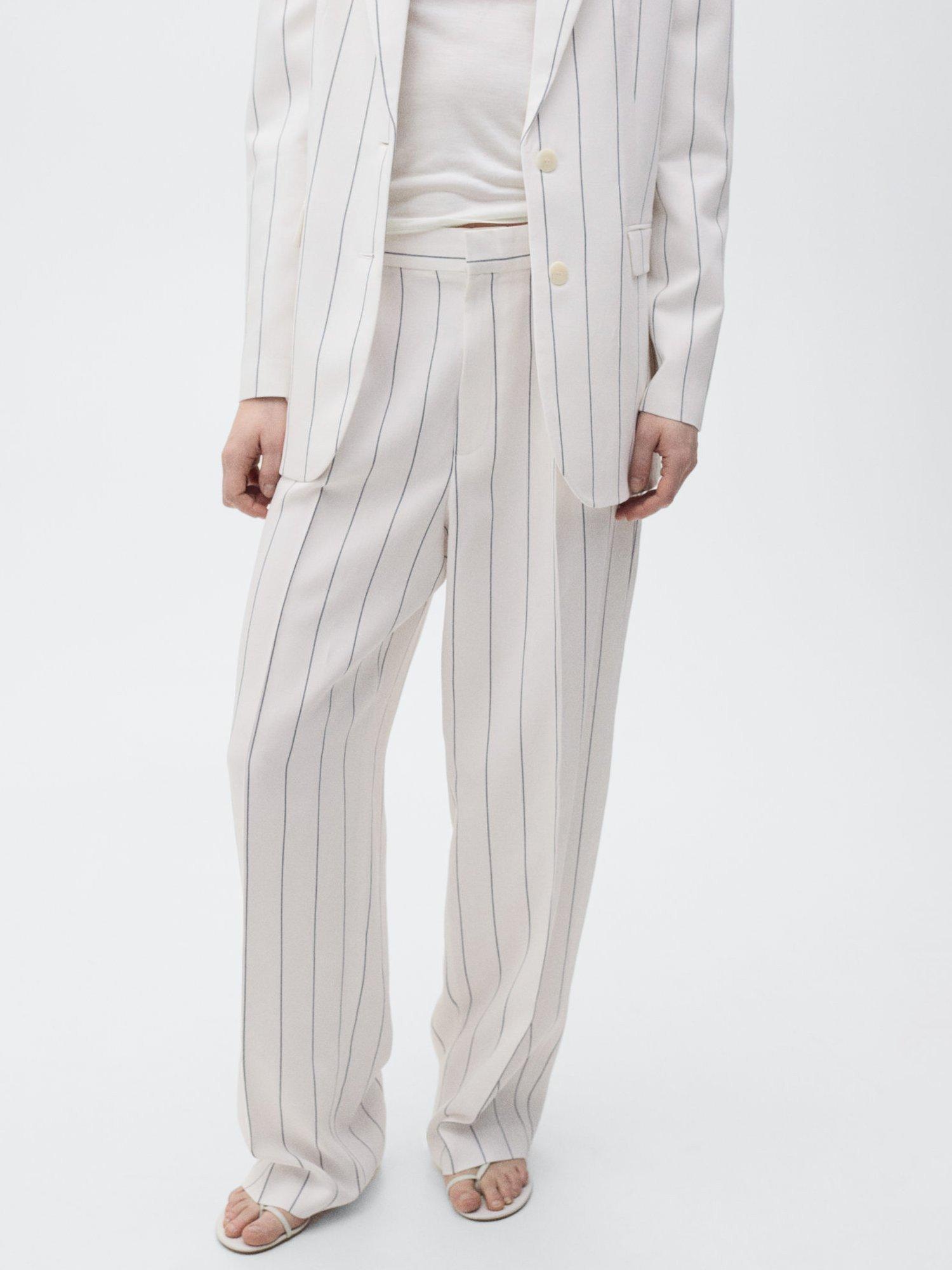 Product image 1 of 8, which shows Mango Moscova Stripe Wide Leg Trousers, White, 10