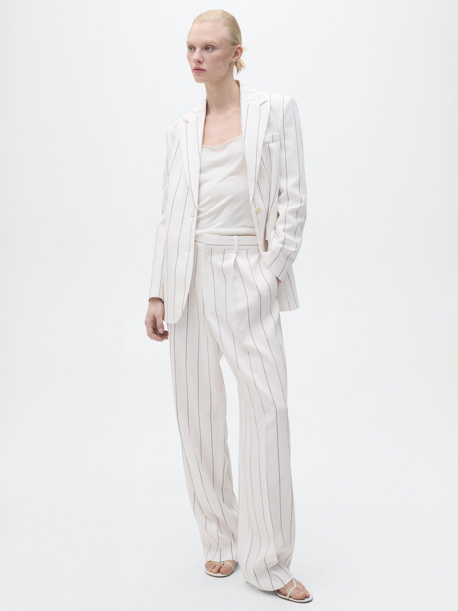 Product image 2 of 8, which shows Mango Moscova Stripe Wide Leg Trousers, White, 10