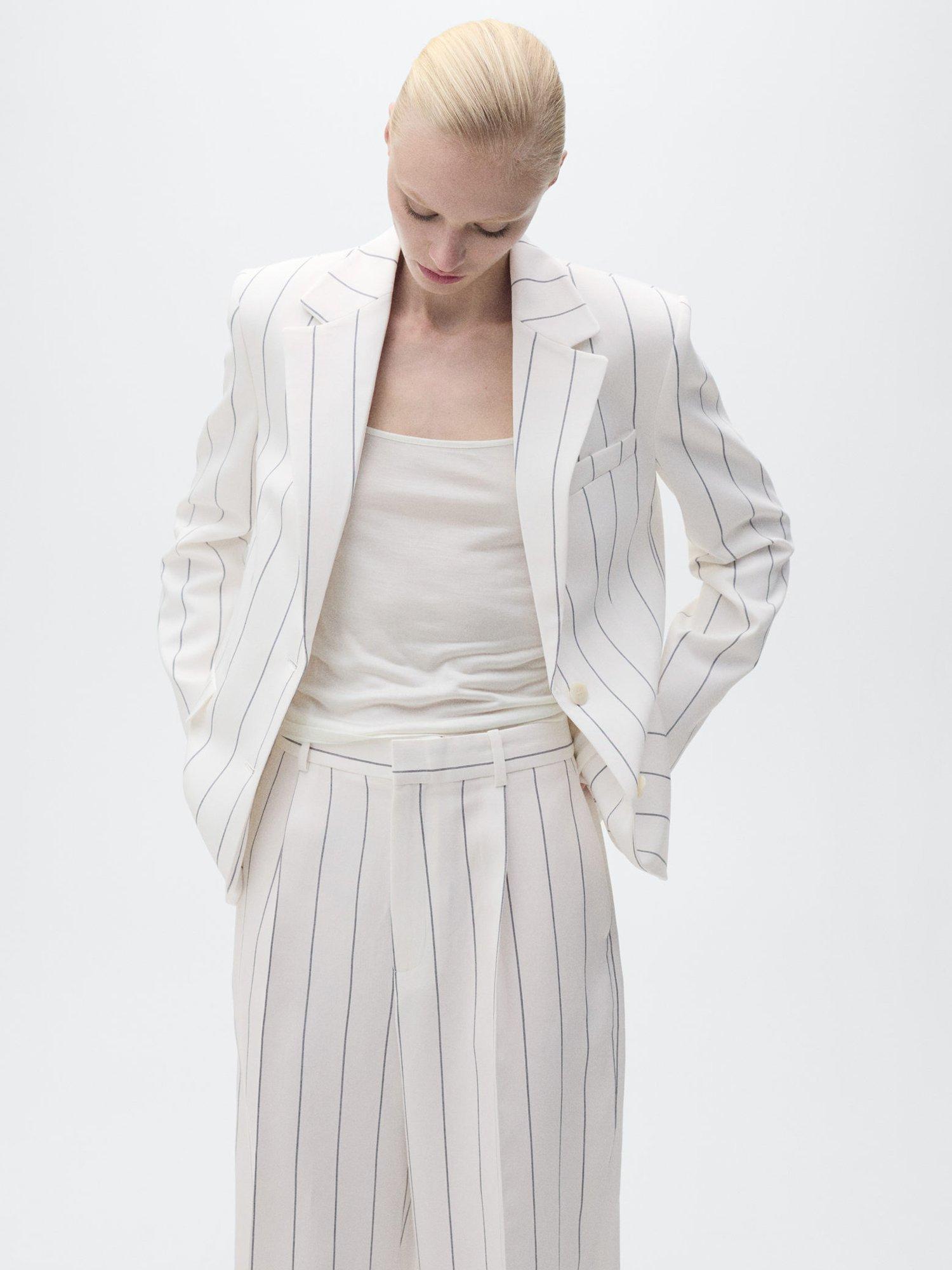 Product image 6 of 8, which shows Mango Moscova Stripe Wide Leg Trousers, White, 10