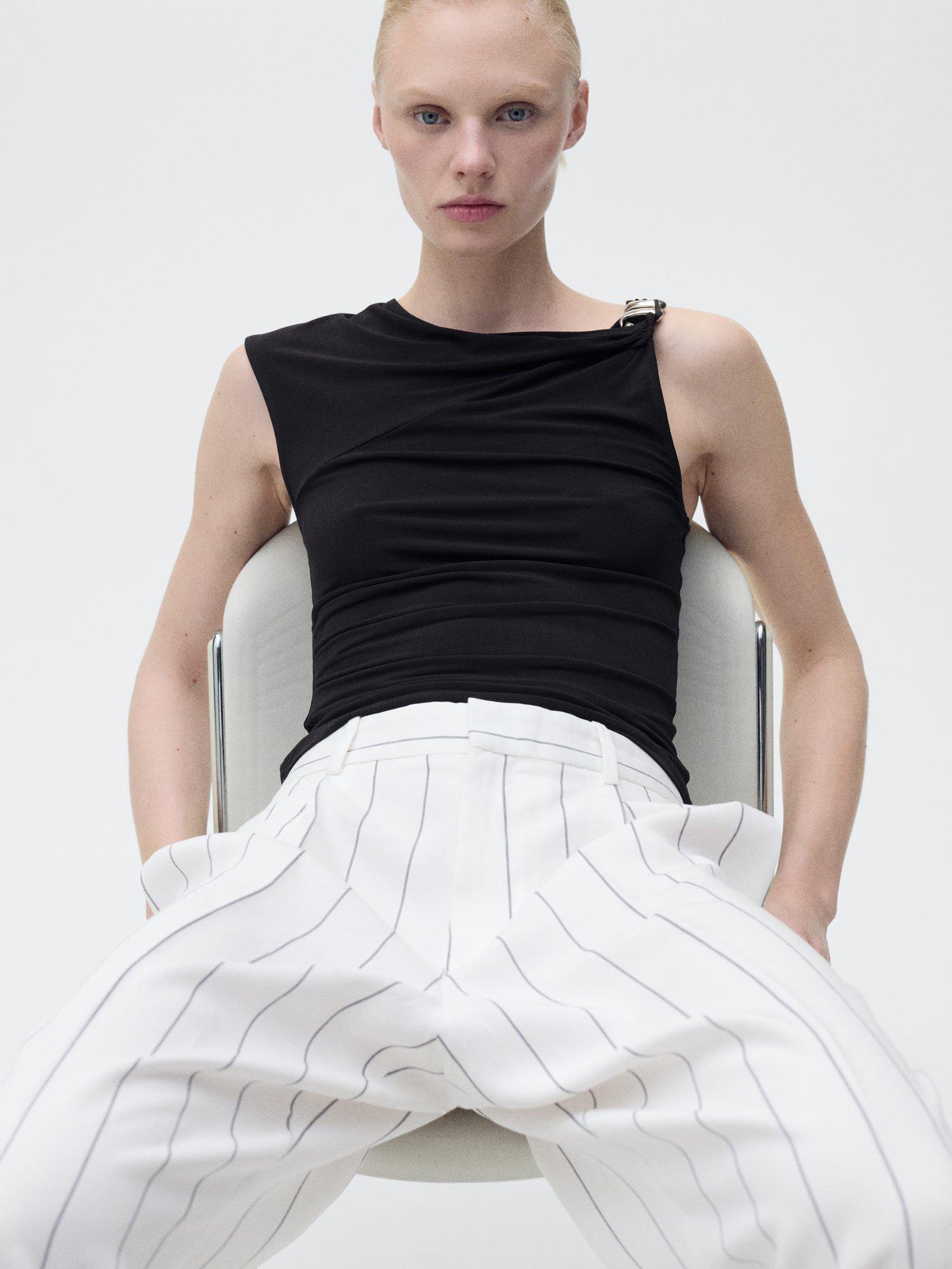 Product image 7 of 8, which shows Mango Moscova Stripe Wide Leg Trousers, White, 10