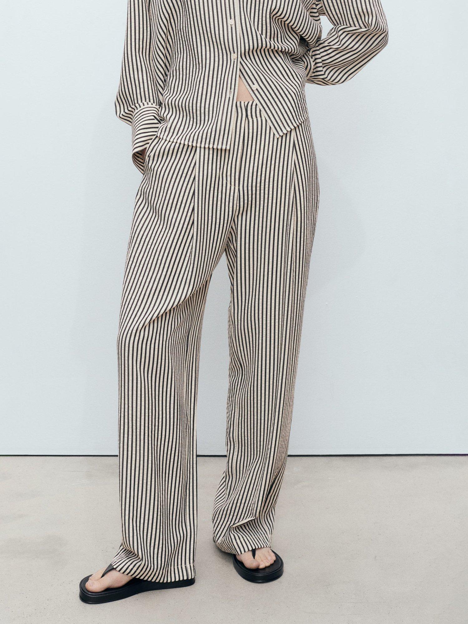 Product image 1 of 8, which shows Mango Sal Stripe Straight Trousers, Natural White, XXXL